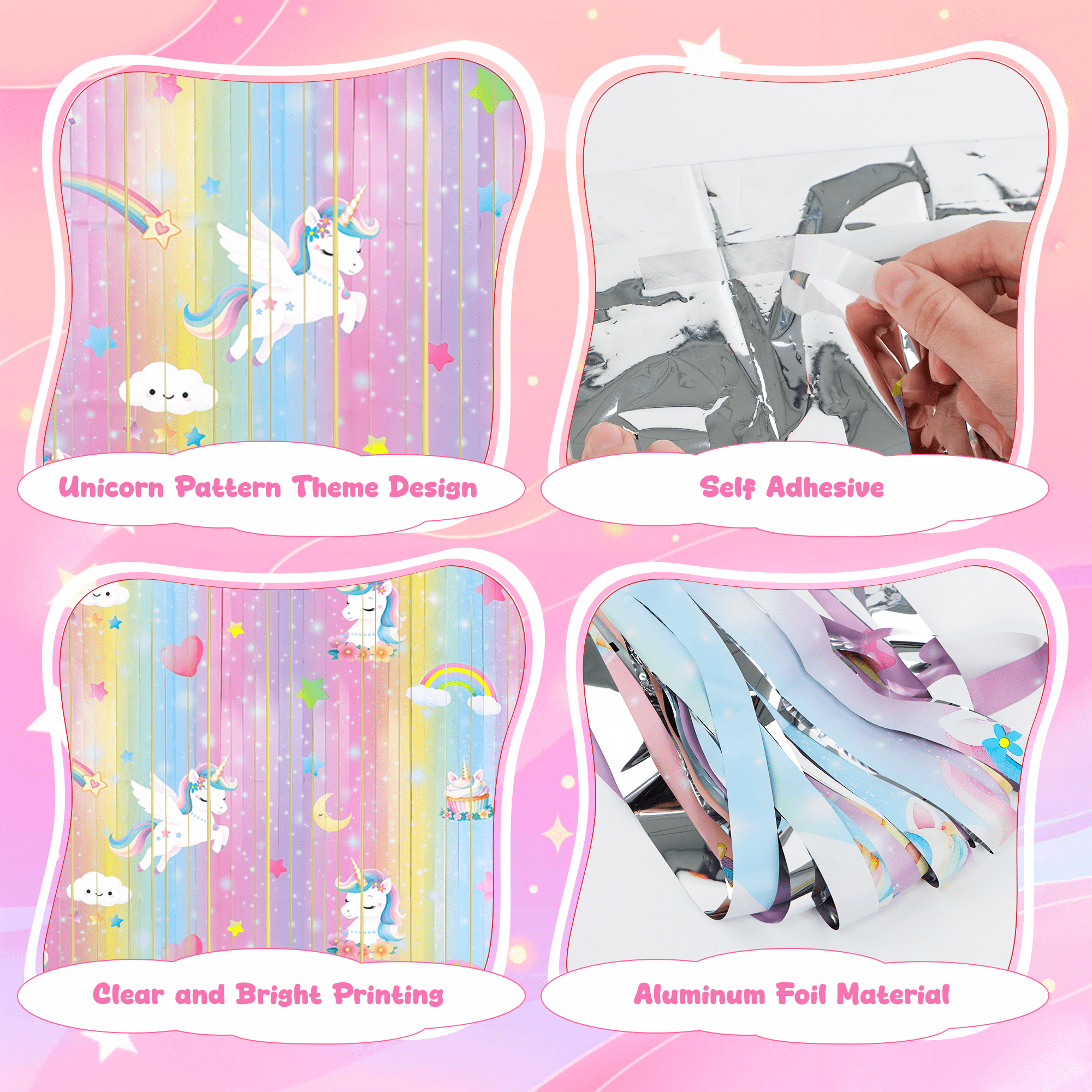 Sinekong Unicorn Tinsel Foil Fringe Curtains, Pastel Rainbow Party Backdrop (2 Pack, 3.3 ft x 6.6 ft) njl2w