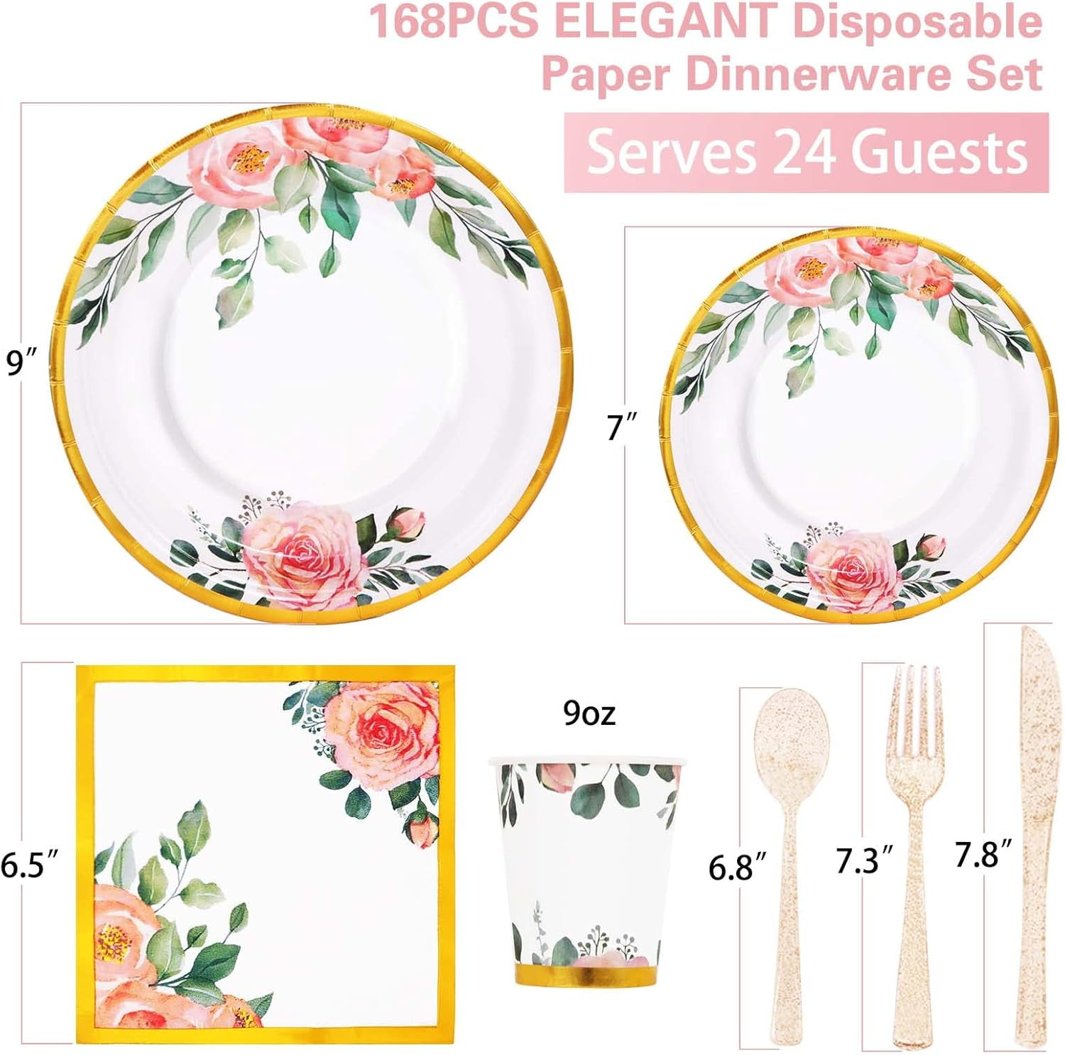 Generic Floral Party Supplies Disposable Dinnerware Set (Gold, 168 Piece Set) c6b2i