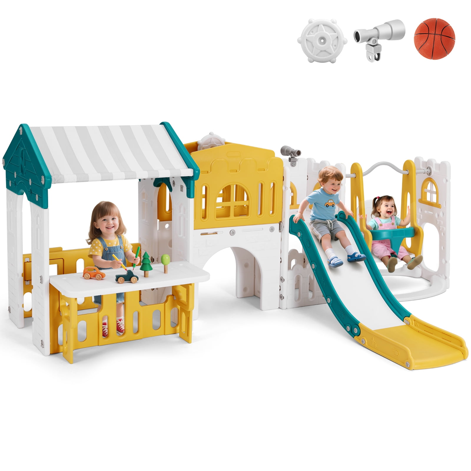 Joyldias 10-in-1 Toddler Slide and Swing Playset with Playhouse and Basketball Hoop (Green, Yellow, White) aeisf