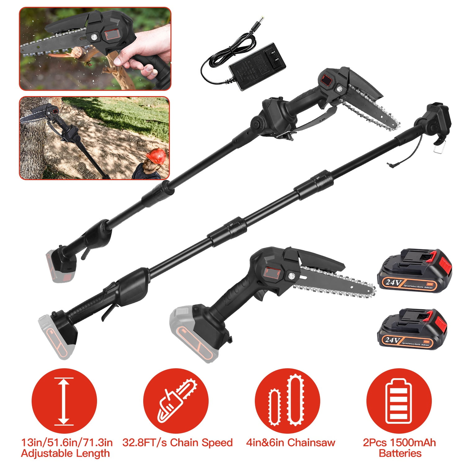 iMounTEK 2-in-1 Cordless Pole Saw and Mini Chainsaw, Adjustable Reach for Tree Trimming (Black, 71.3 in) s2zc6
