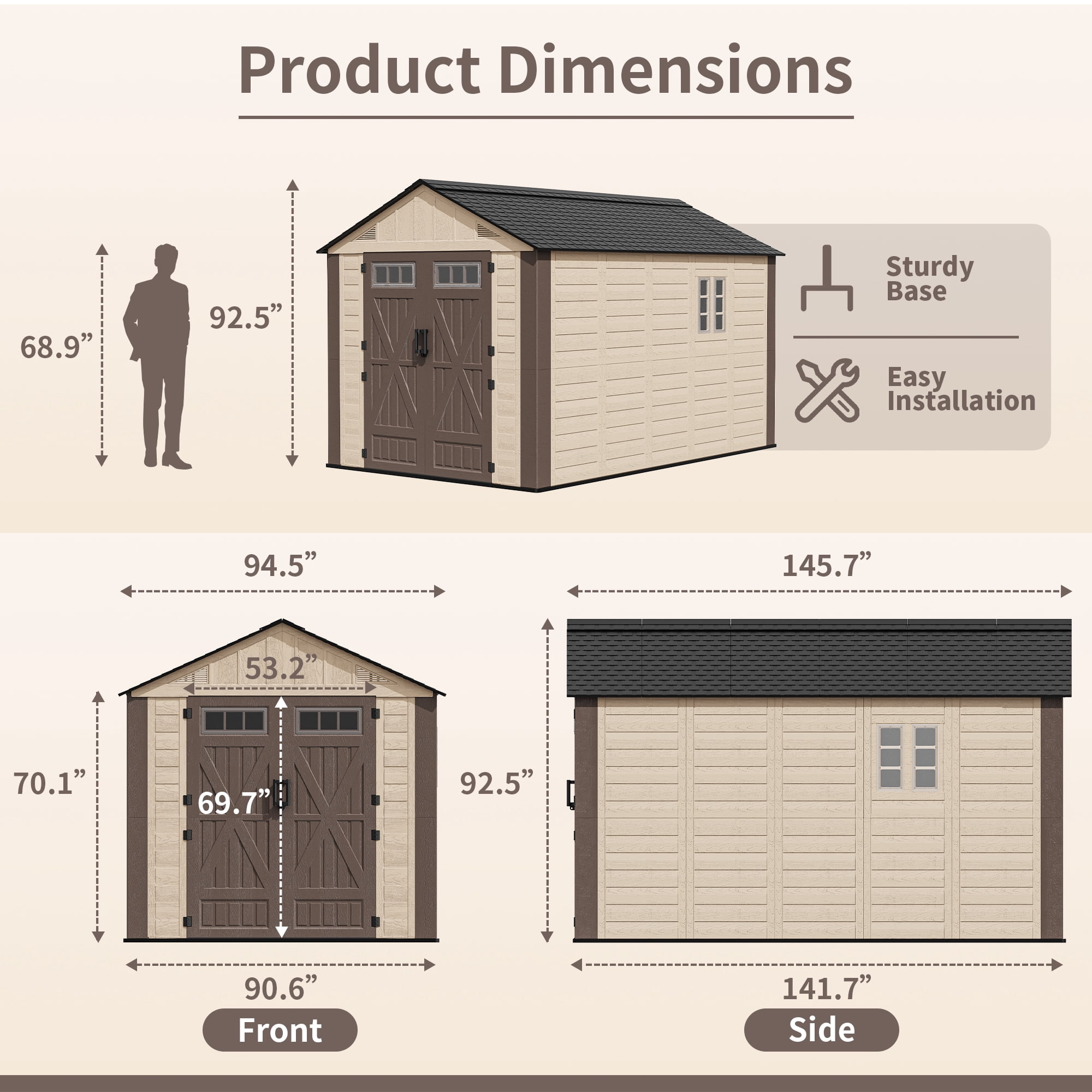 NETAJE Resin Outdoor Storage Shed, Heavy-Duty Weather-Resistant Tool House with Floor, Window, and Vents (Beige & Brown, 8 ft x 12 ft) ckpx1