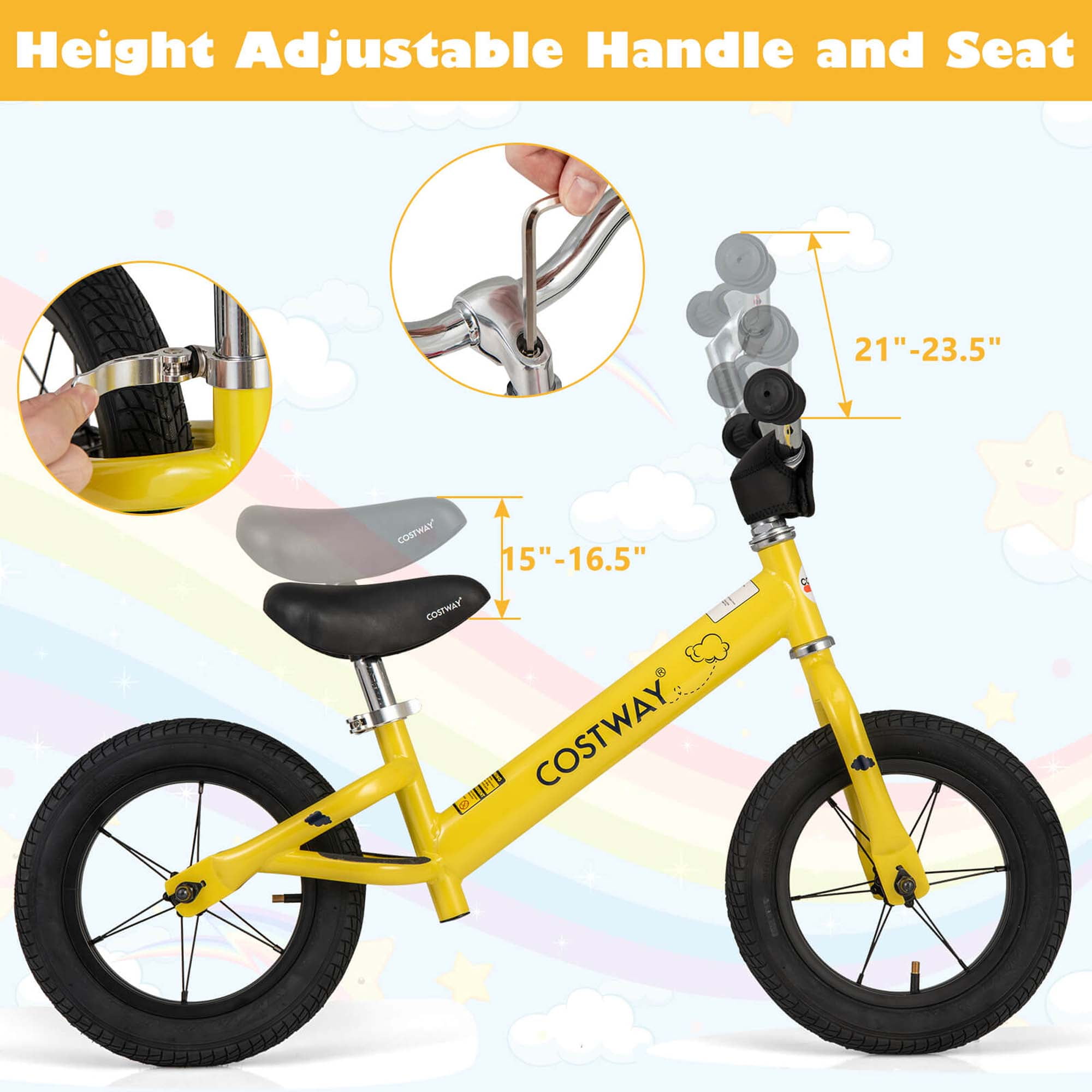 Costway Toddler Balance Bike No Pedal Training Bicycle with Inflatable Rubber Tires (Yellow, 12 in) dd9y5