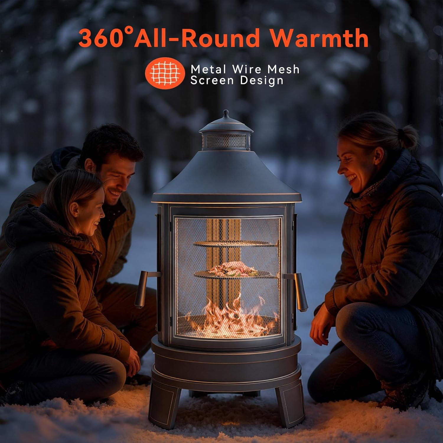 ASJMR Outdoor Wood Burning Fire Pit with 2 Rotating Grills, Smokeless Design, and Metal Mesh Spark Guard (Black, 24 in x 24 in x 30 in) cqfqt