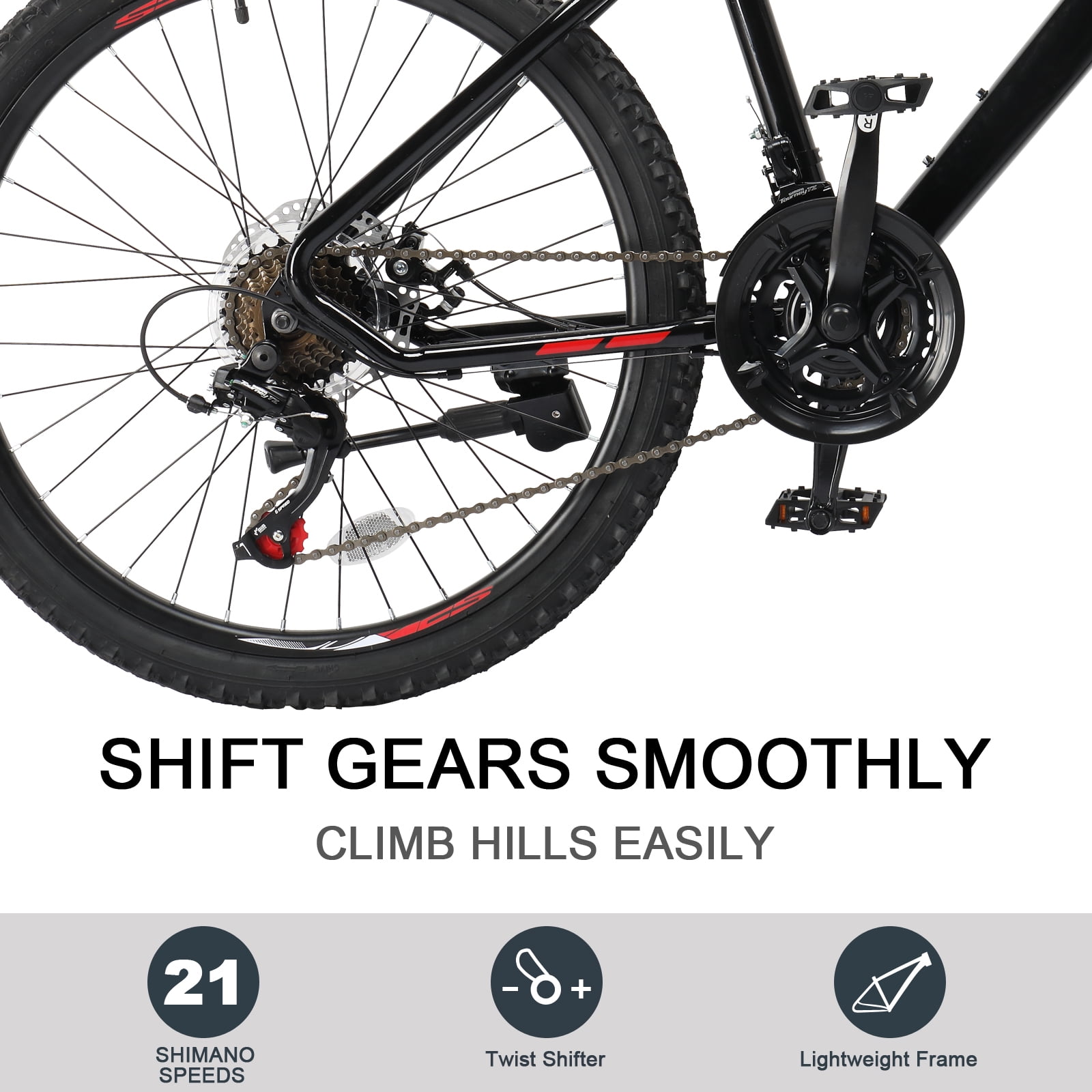 Ktaxon 24 in Mountain Bike with Shimano 21 Speed Drivetrain and Disc Brakes (Black Red, 24 in) 7gah1