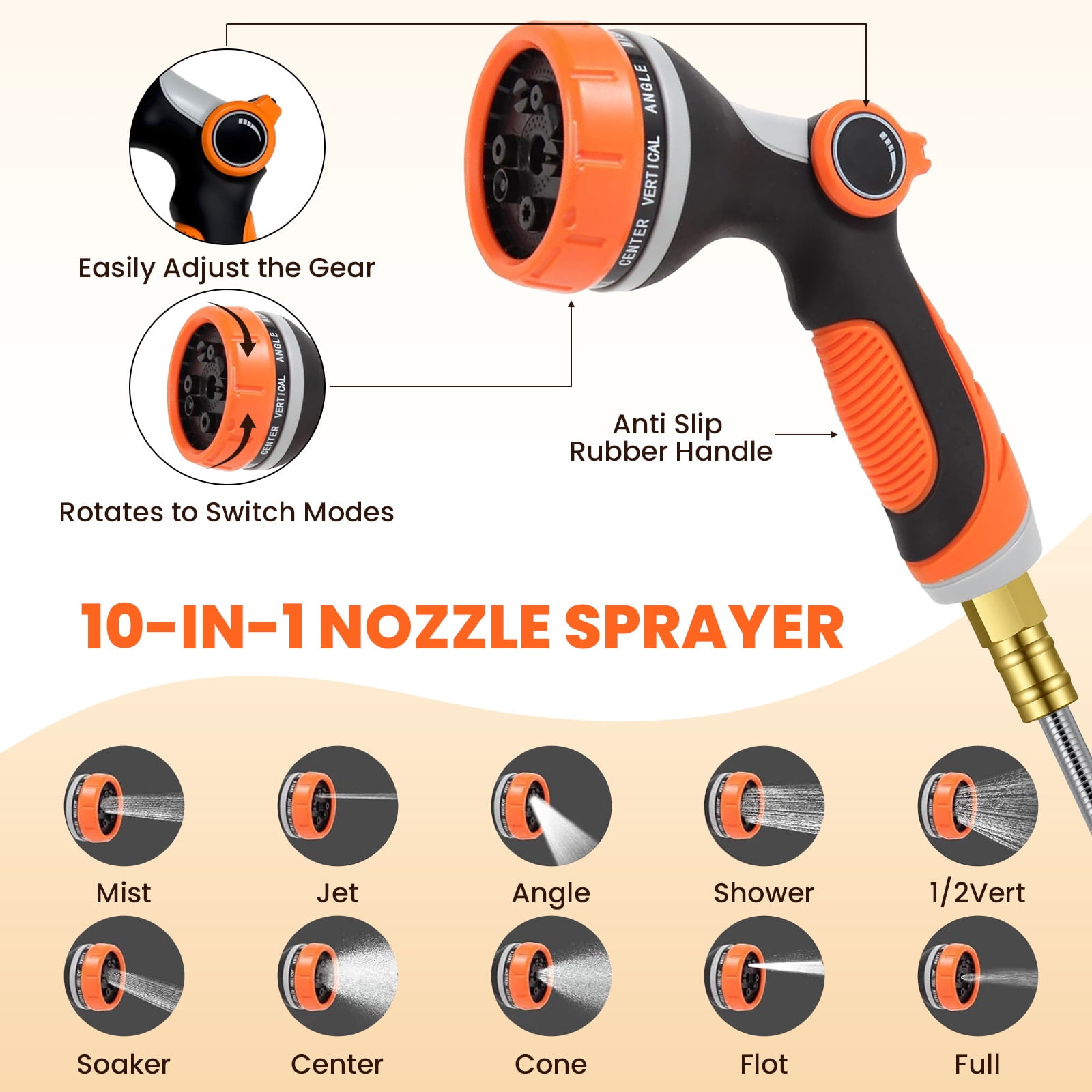 KOYMISKU Stainless Steel Garden Hose with 10-Mode Nozzle Sprayer (Silver, 50 ft) w3kcj