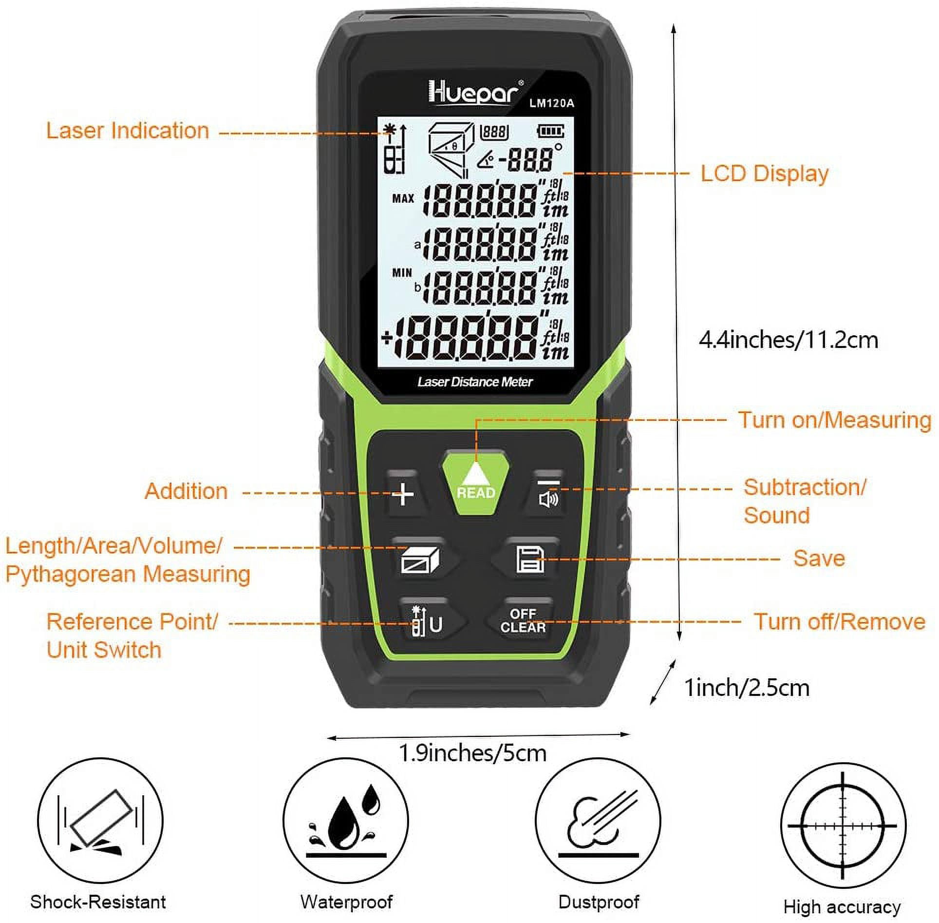 Huepar LM120A Laser Distance Measure, High Accuracy Electronic Angle Sensor (Black, 393 ft) ibo6c