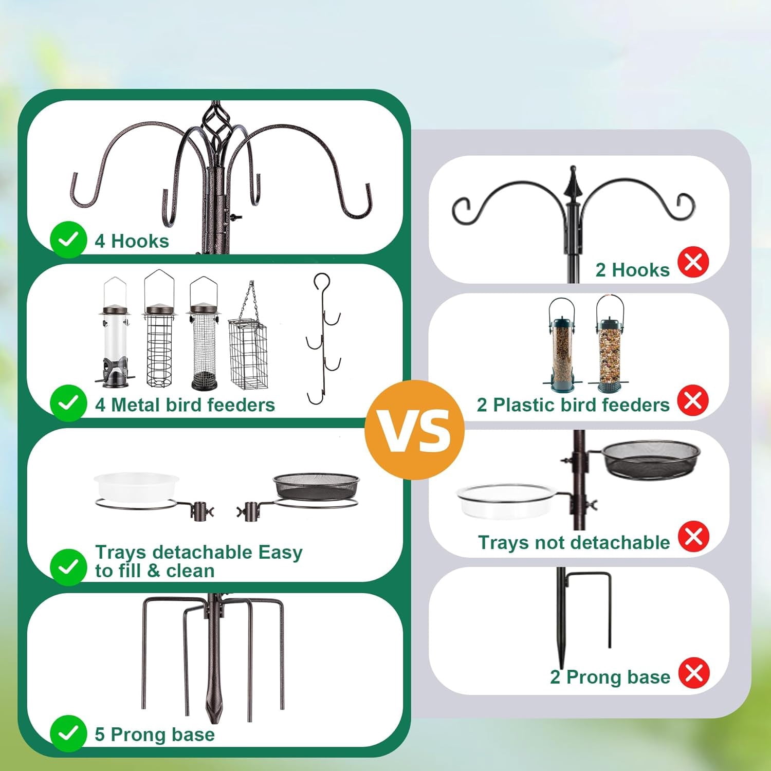Urban Deco Bird Feeding Station Kit with 6 Hanging Hooks and Bird Bath (Black, 88.6 in) ncchl