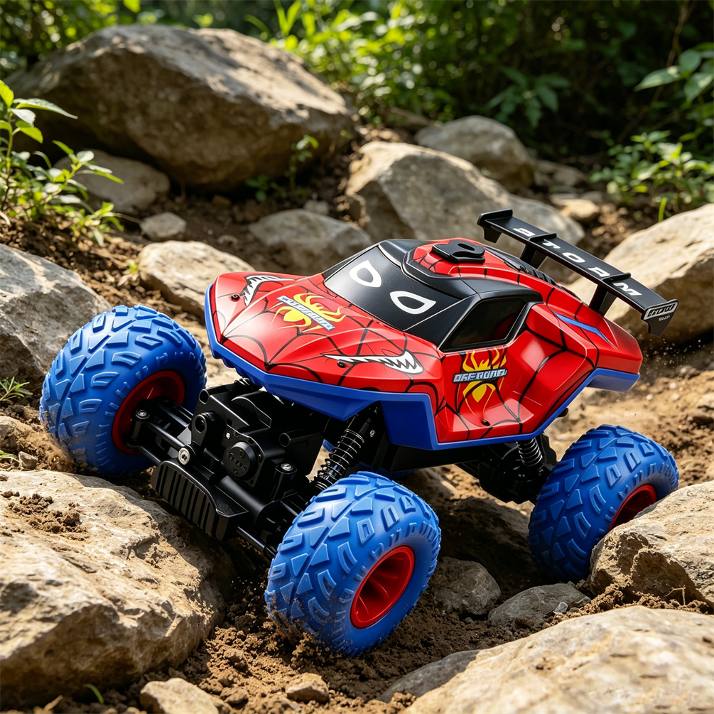 HNH 1:16 Spider Monster Truck RC Car, 4WD All-Terrain Off-Road Vehicle with LED Lighting and Spray Effect (Red, 1:16 Scale) zygid
