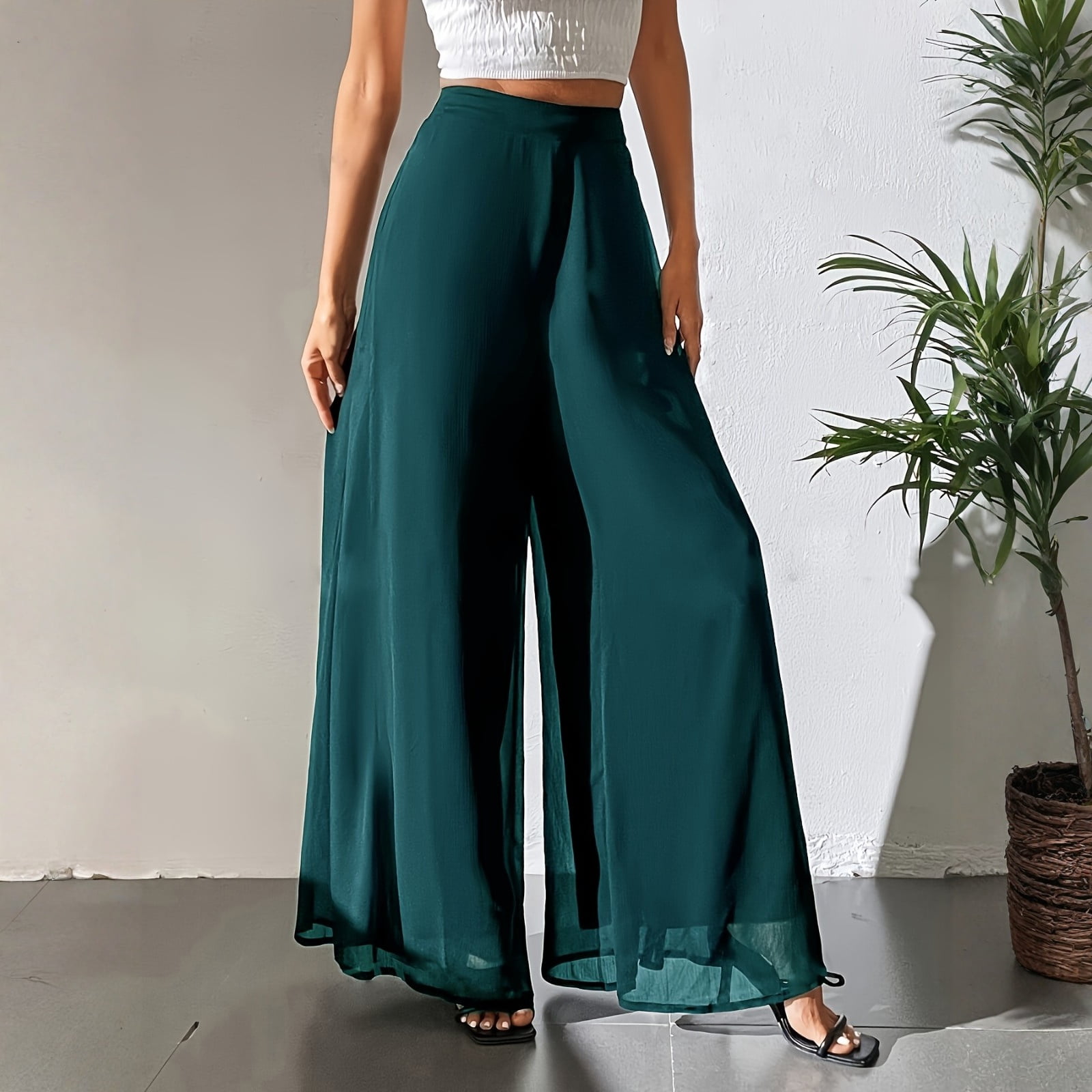 DZHXSQX Women's Wide Leg Palazzo Pants Chiffon High Waist Flowy Beach Trousers (Green, Large) 50eni