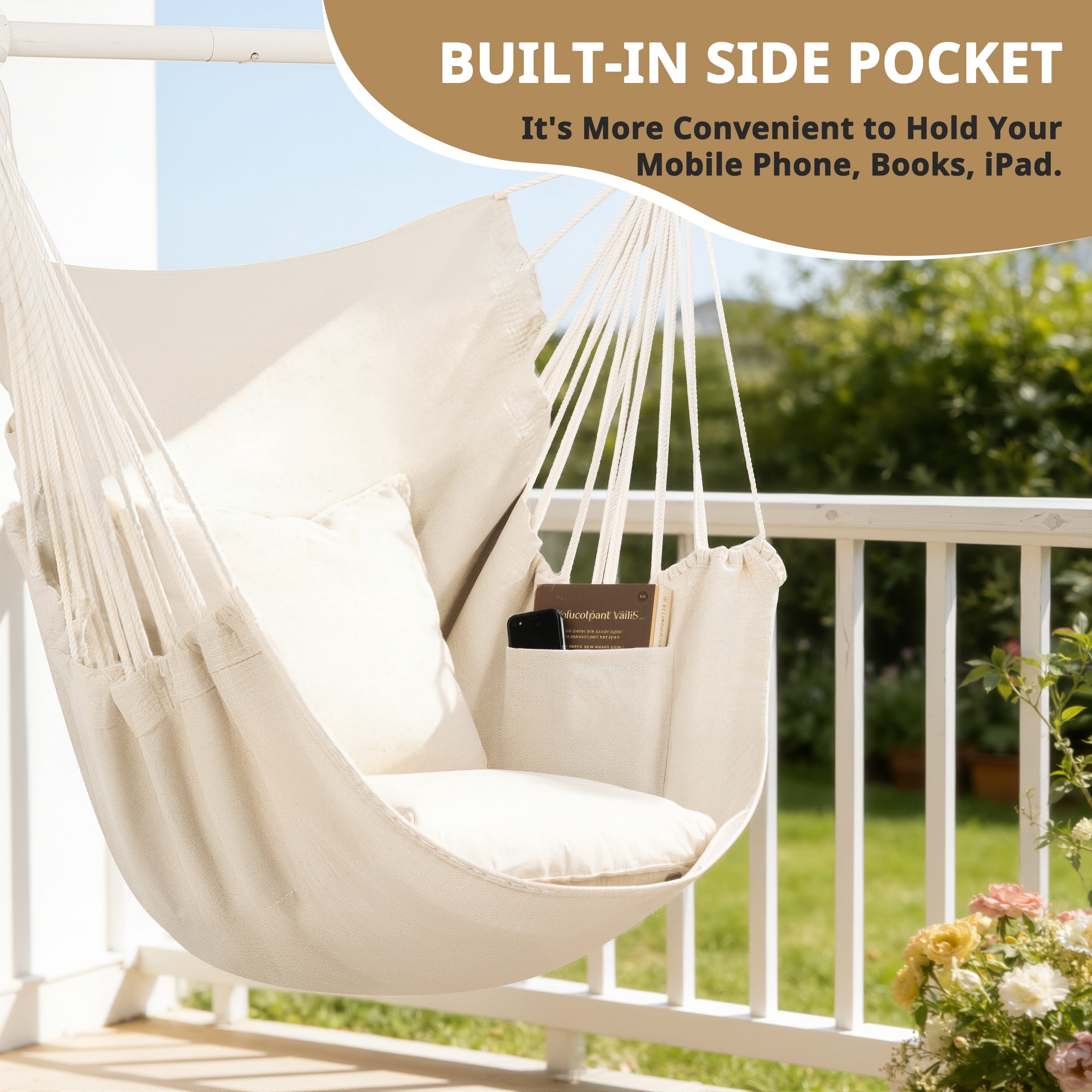 Segmart Large Hammock Chair Swing with Detachable Metal Support Bar and Two Cushions (Beige, 39 in x 47 in) vaj8j