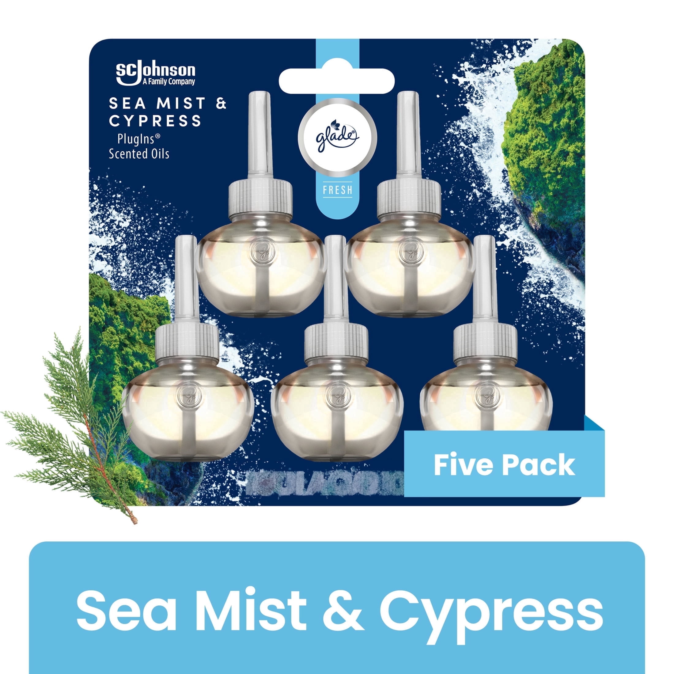 Glade PlugIns Scented Oil Air Freshener Refills, Sea Mist & Cypress, Long-Lasting Fragrance (5 Pack, 0.67 fl oz Each) mzgiy