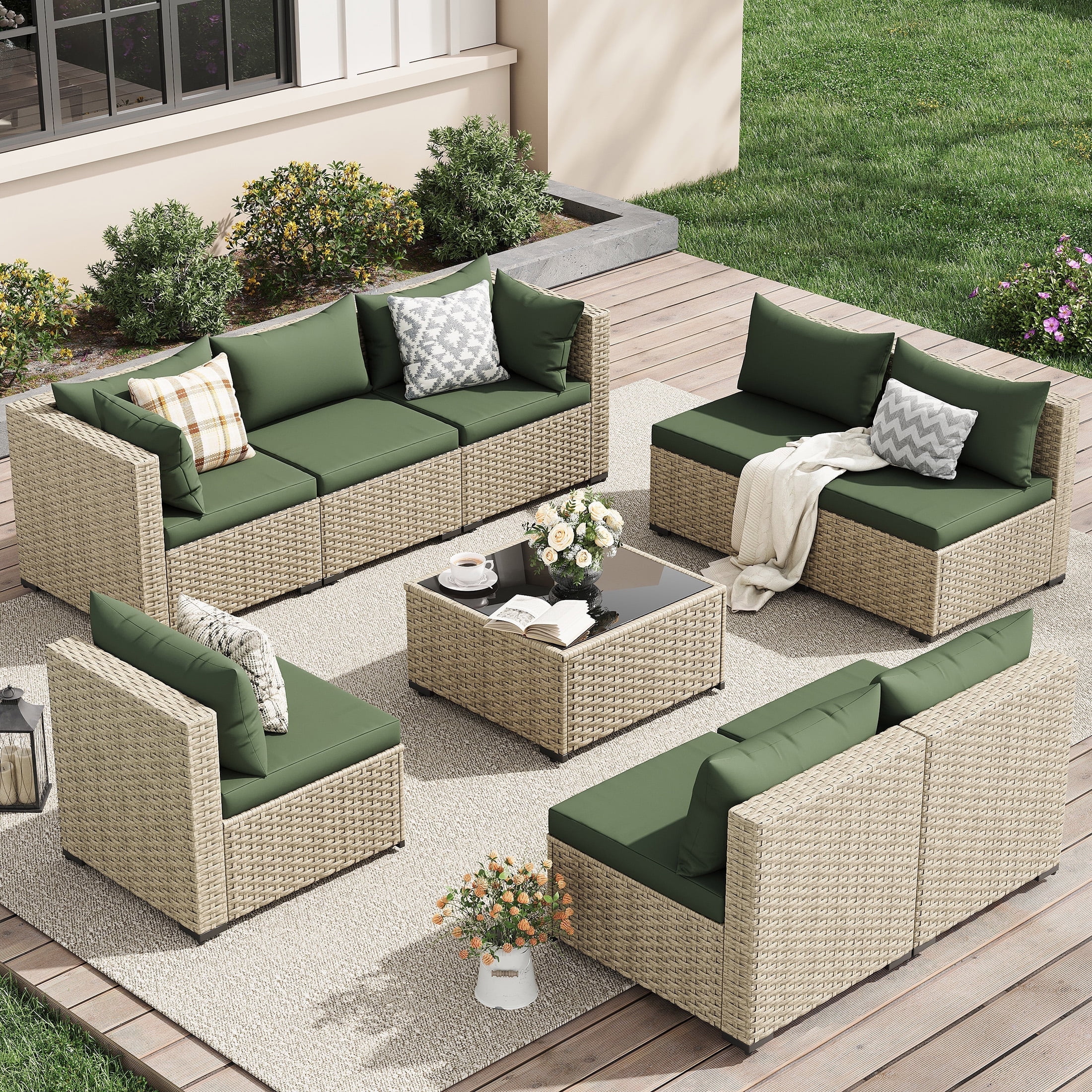 UDPATIO 9-Piece Outdoor Wicker Patio Furniture Set with Cushions, Weather-Resistant Conversation Set for Backyard and Garden (Green) y8tz6