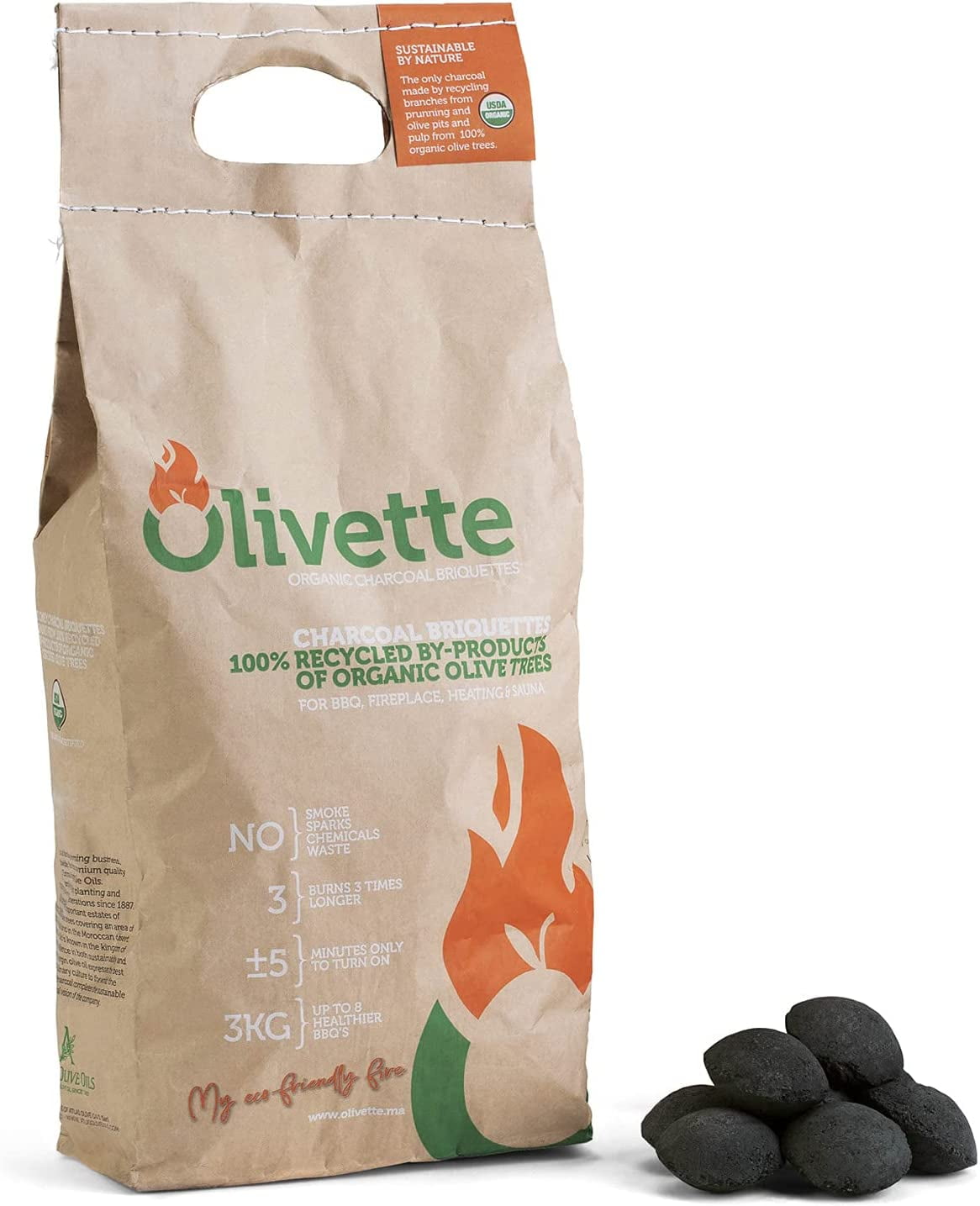 Eco-Charcoal Organic Olive Wood Briquettes, Sustainable BBQ Grilling Fuel (6.6 lb) v1bll