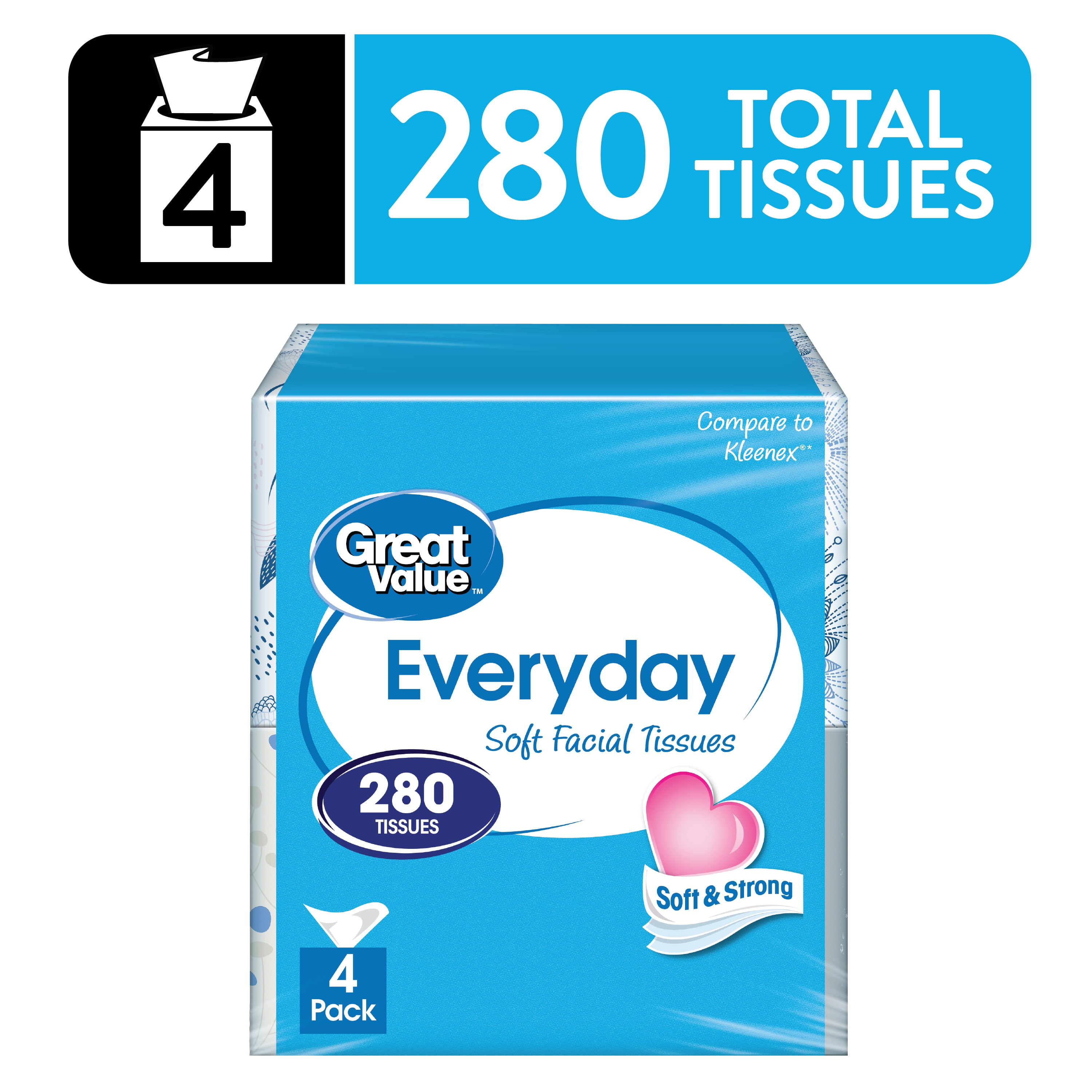 Great Value Everyday Soft Facial Tissues, 2-Ply Absorbent Paper Sheets (White, 280 Total Count) s7m7n