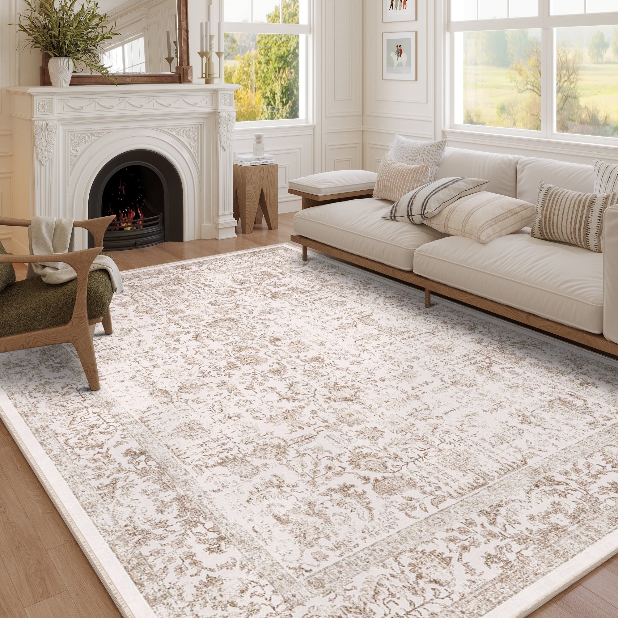 Berthmeer Vintage Area Rug, Washable Non-slip Farmhouse Floor Carpet for Living Room and Dining Room (Brown, 9 ft x 12 ft) fiyfq