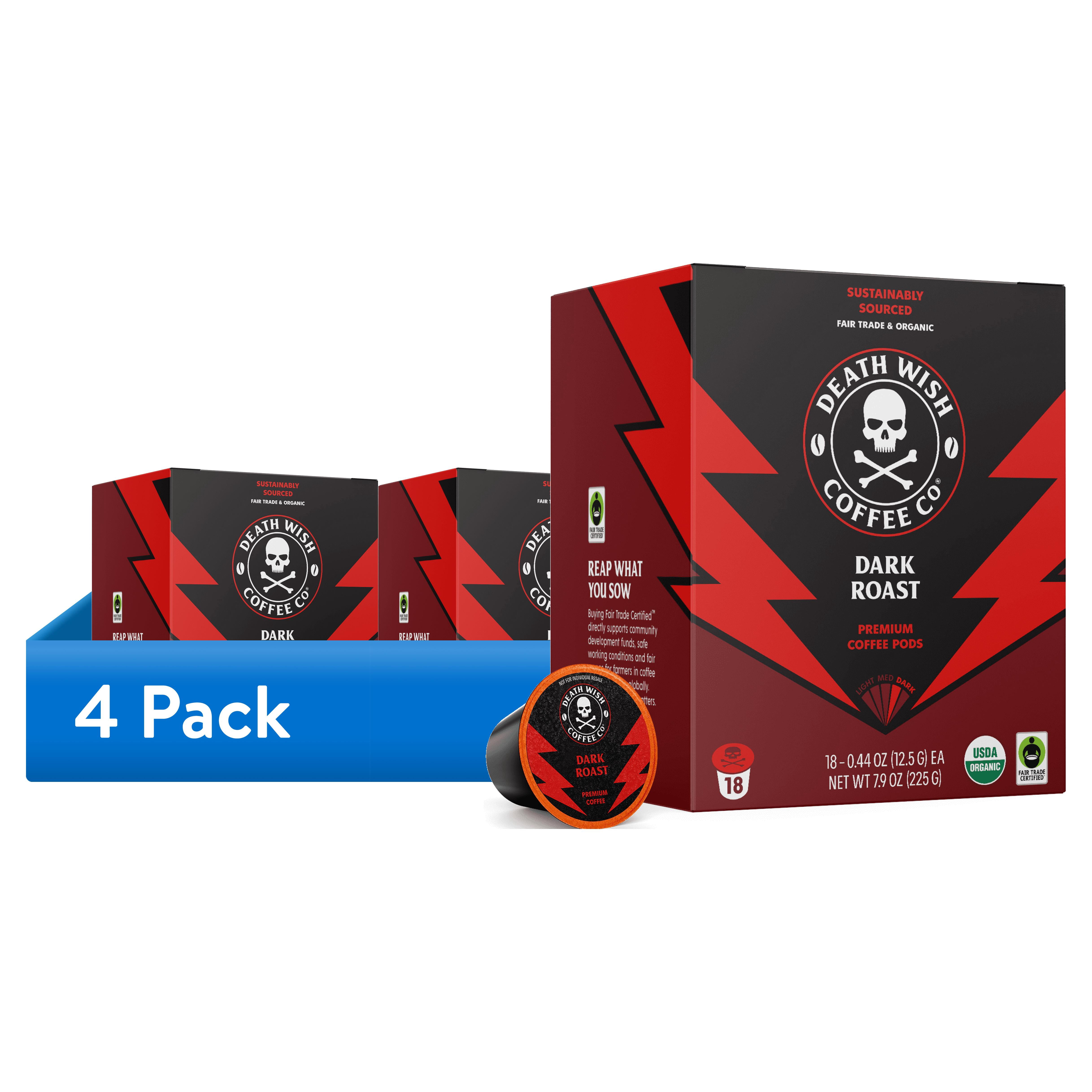 Death Wish Coffee Organic Dark Roast Single-Serve Coffee Pods (4 Pack, 72 Count) 988mn