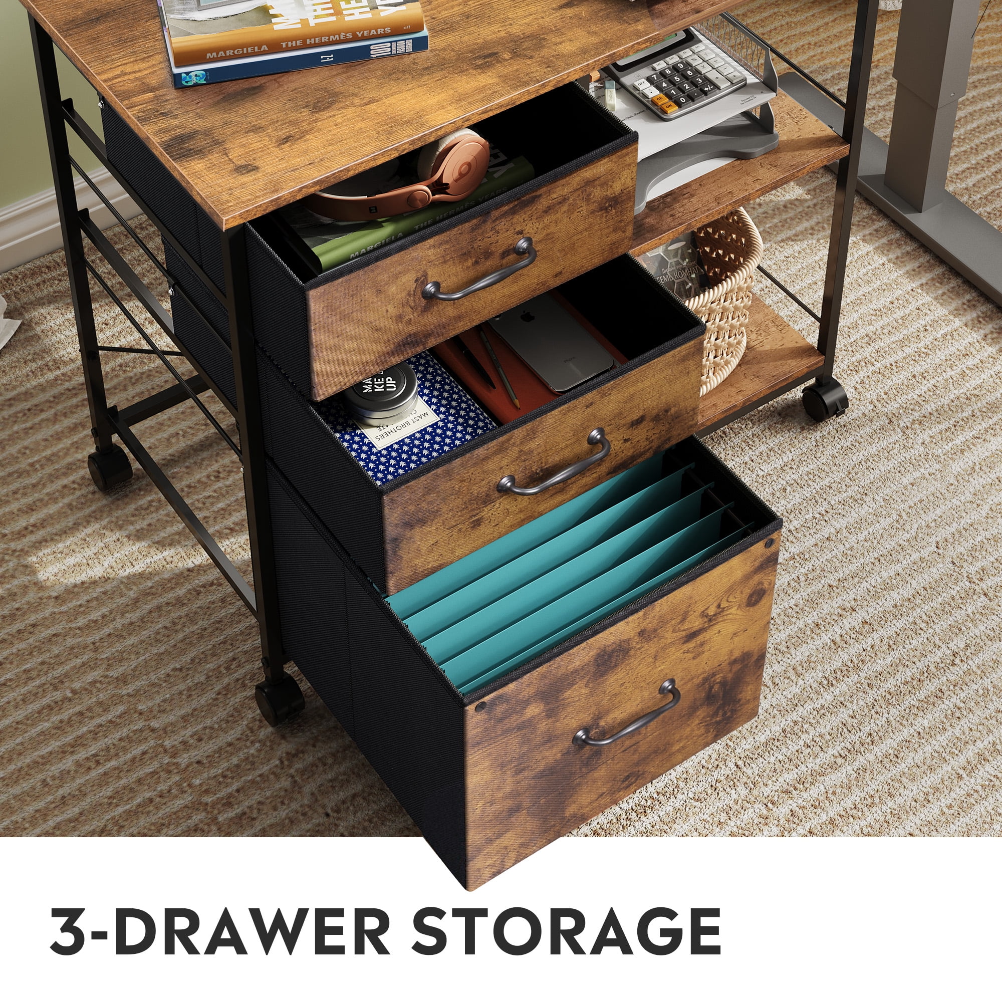 GALAXHERO 3-Drawer Rolling File Cabinet, Mobile Printer Stand with Side Storage, Rustic Brown Wood Grain (Fits Letter/A4) zs2sv