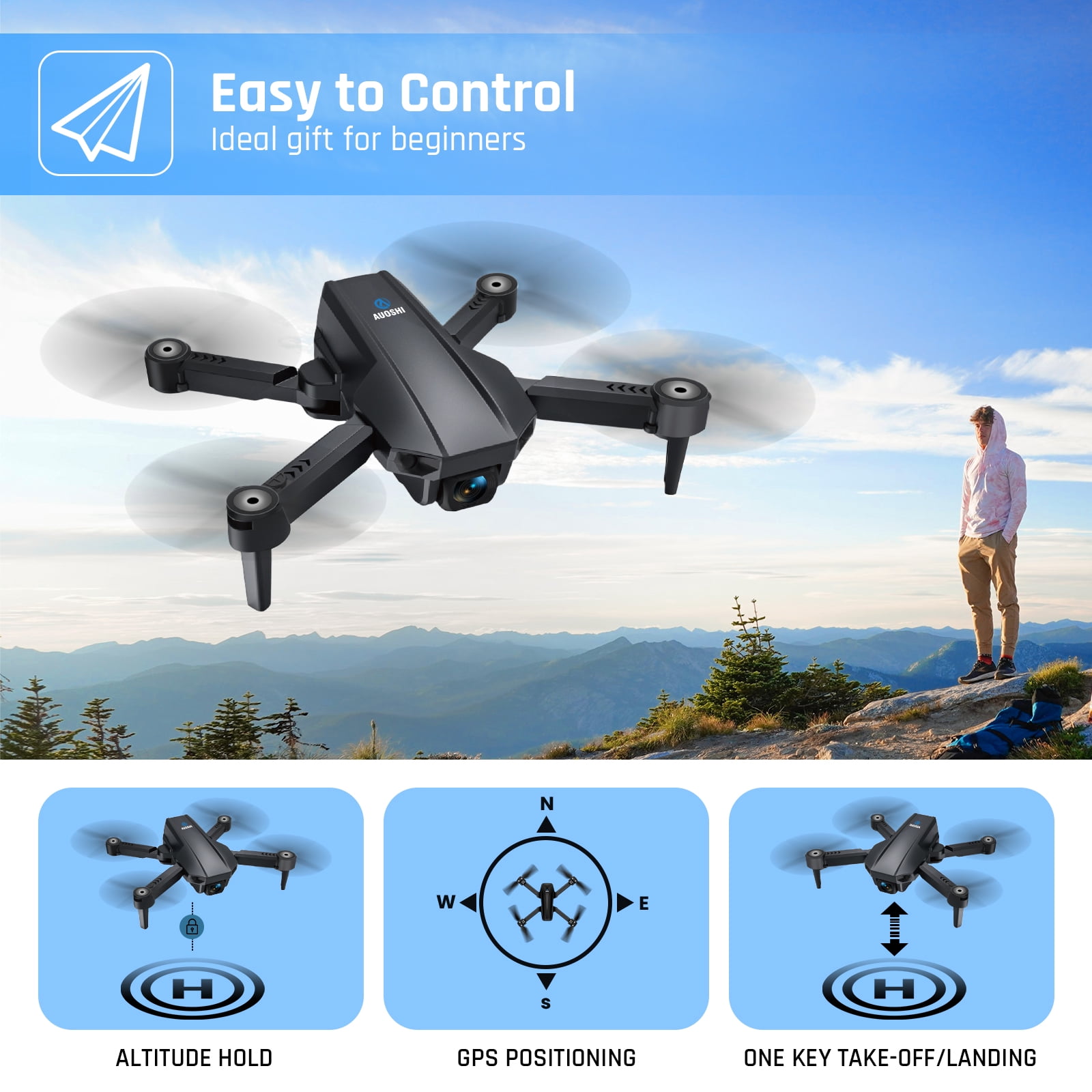 AUOSHI V1 Mini FPV Drone with 1080P HD Camera, Dual Lens, Optical Flow & Gesture Control (Black, 30 Minute Flight Time) dxhli