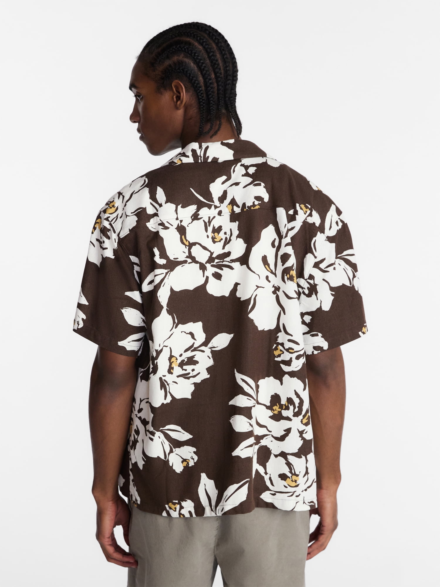 No Boundaries Men's Boxy Fit Linen Blend Resort Shirt (Brown, XS) om9l4