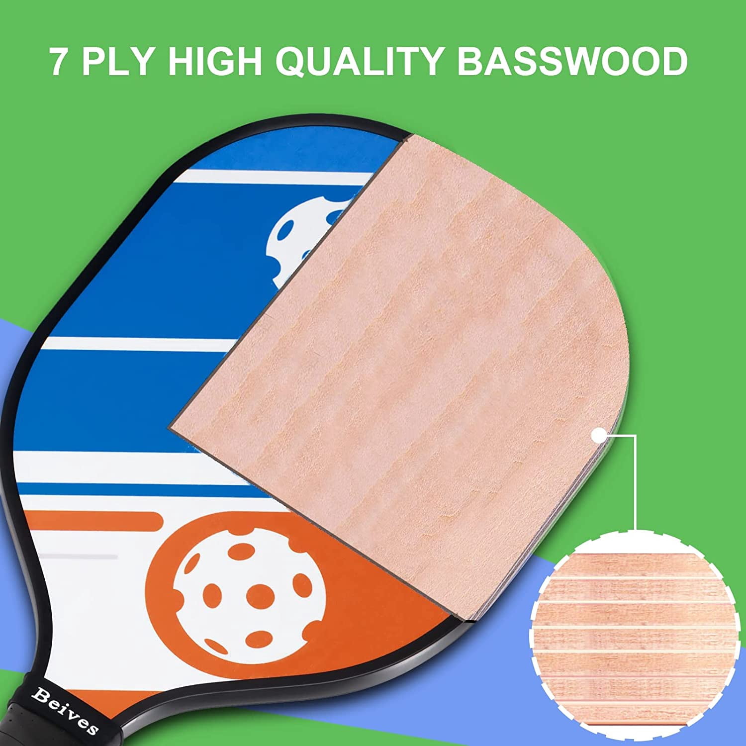 BEIVES Wood Pickleball Paddles Set of 4 (Durable 7-Ply Basswood, Comfortable Grip, Includes Indoor Outdoor Balls & Carrying Bag) ib26t