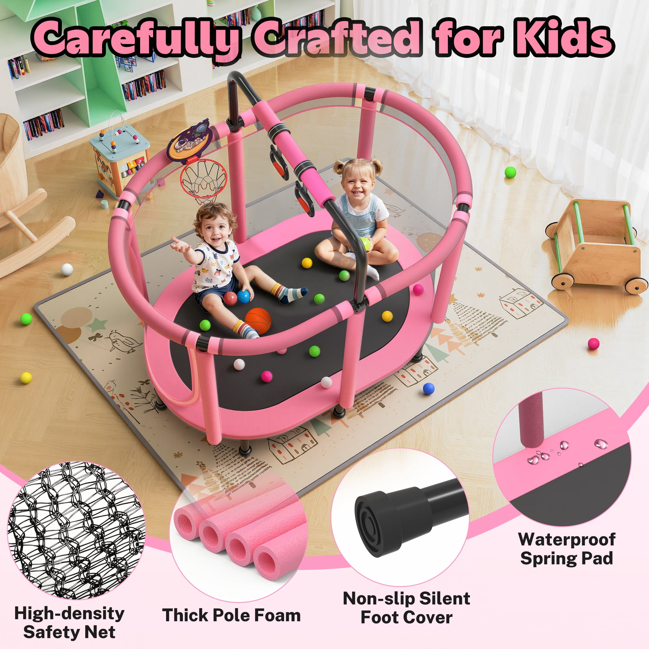 SHINPT 60 in Kids Trampoline with Enclosure Net, Basketball Hoop, and Gymnastic Bar (Pink, 60 in) n5r0i