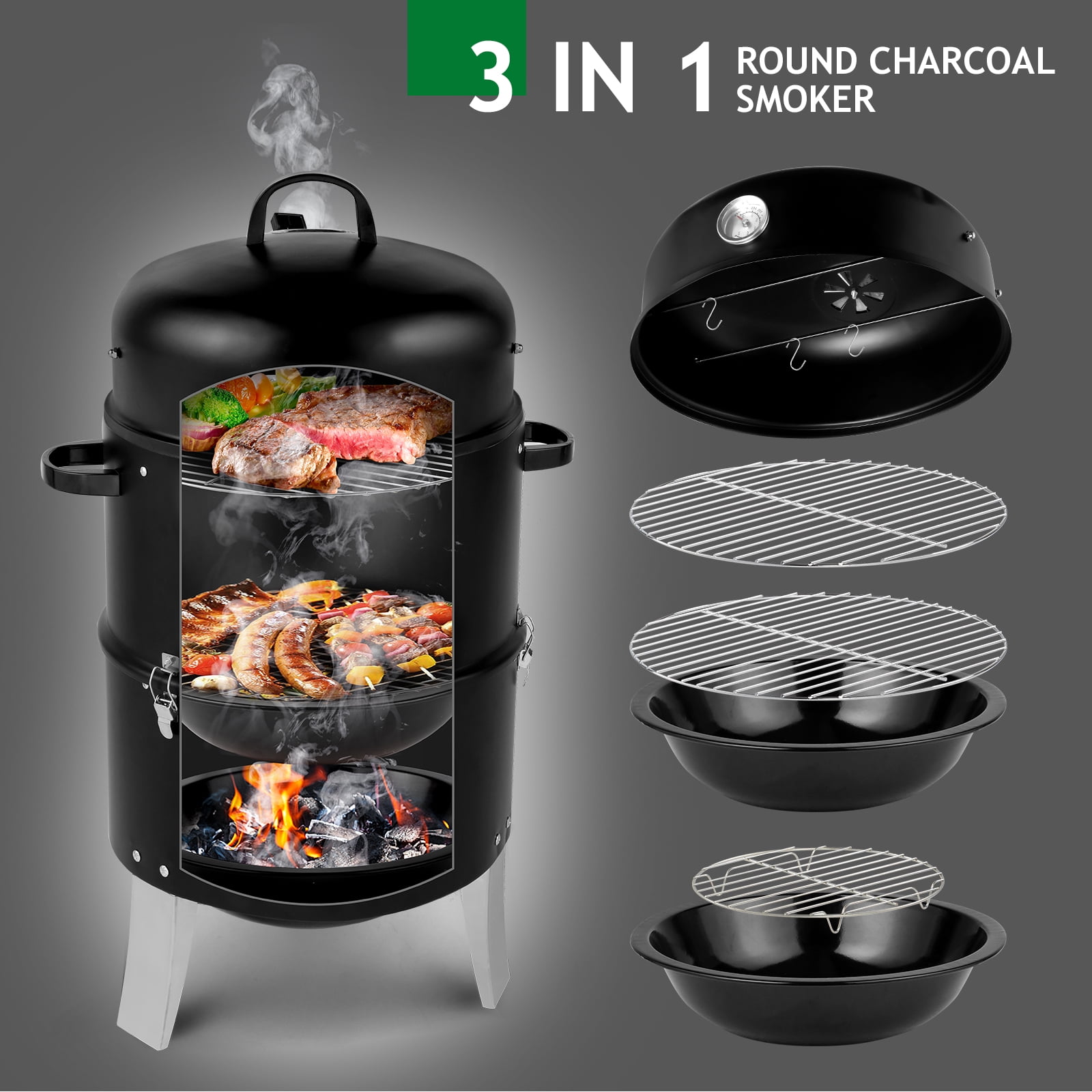 Segmart Vertical Charcoal Smoker and Grill, Heavy-Duty Outdoor BBQ with Built-in Thermometer (Black, 18.5 in) y5e5p