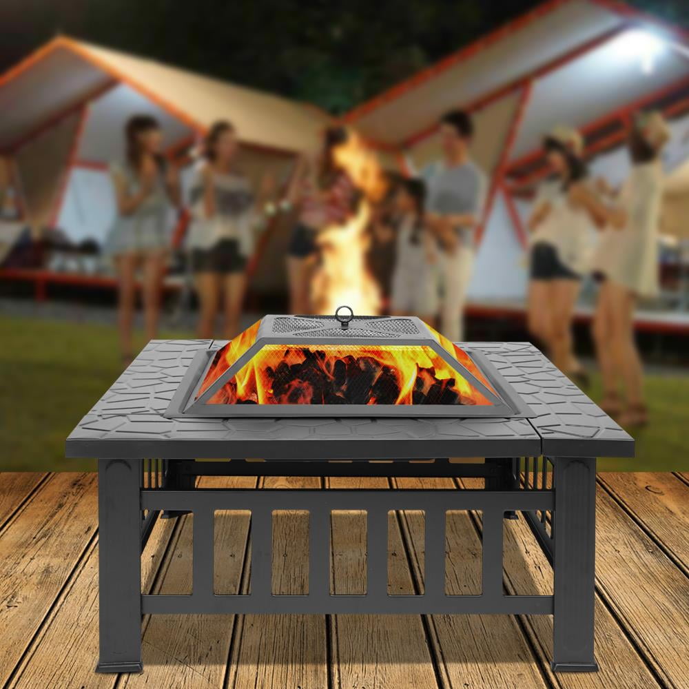 Zimtown 32 in Square Metal Fire Pit with Spark Screen and BBQ Grate (Black, 32 in) ma39g