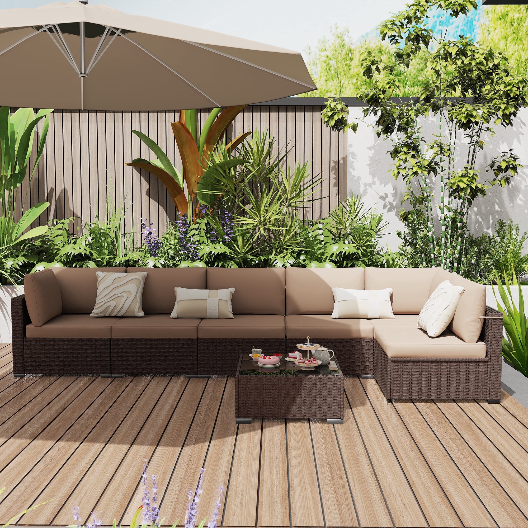 Kigoty 7-Piece Outdoor Patio Furniture Set, Wicker Rattan Sectional Sofa with Coffee Table (Brown, 7-Piece) qv5be