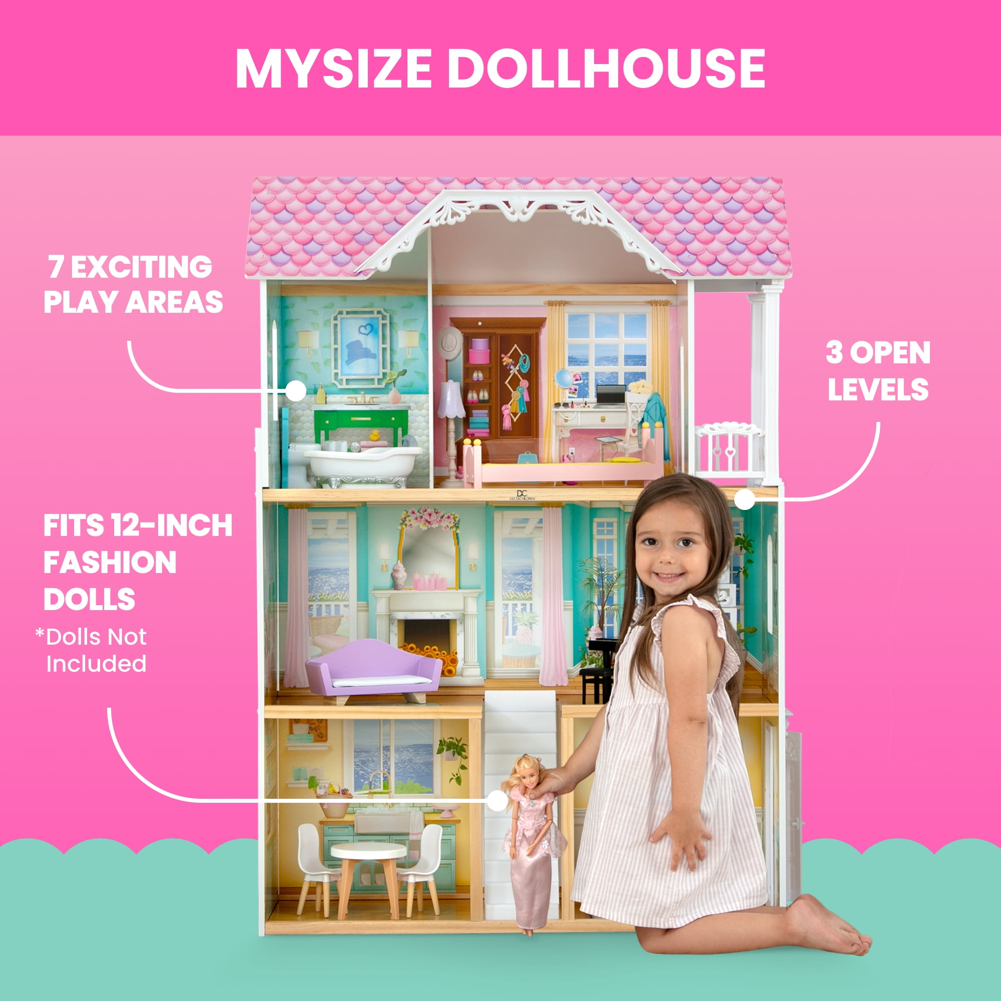 Delta Children MySize Wooden Dollhouse (Pink, 33 in W x 14.5 in D x 46.3 in H) pahsq