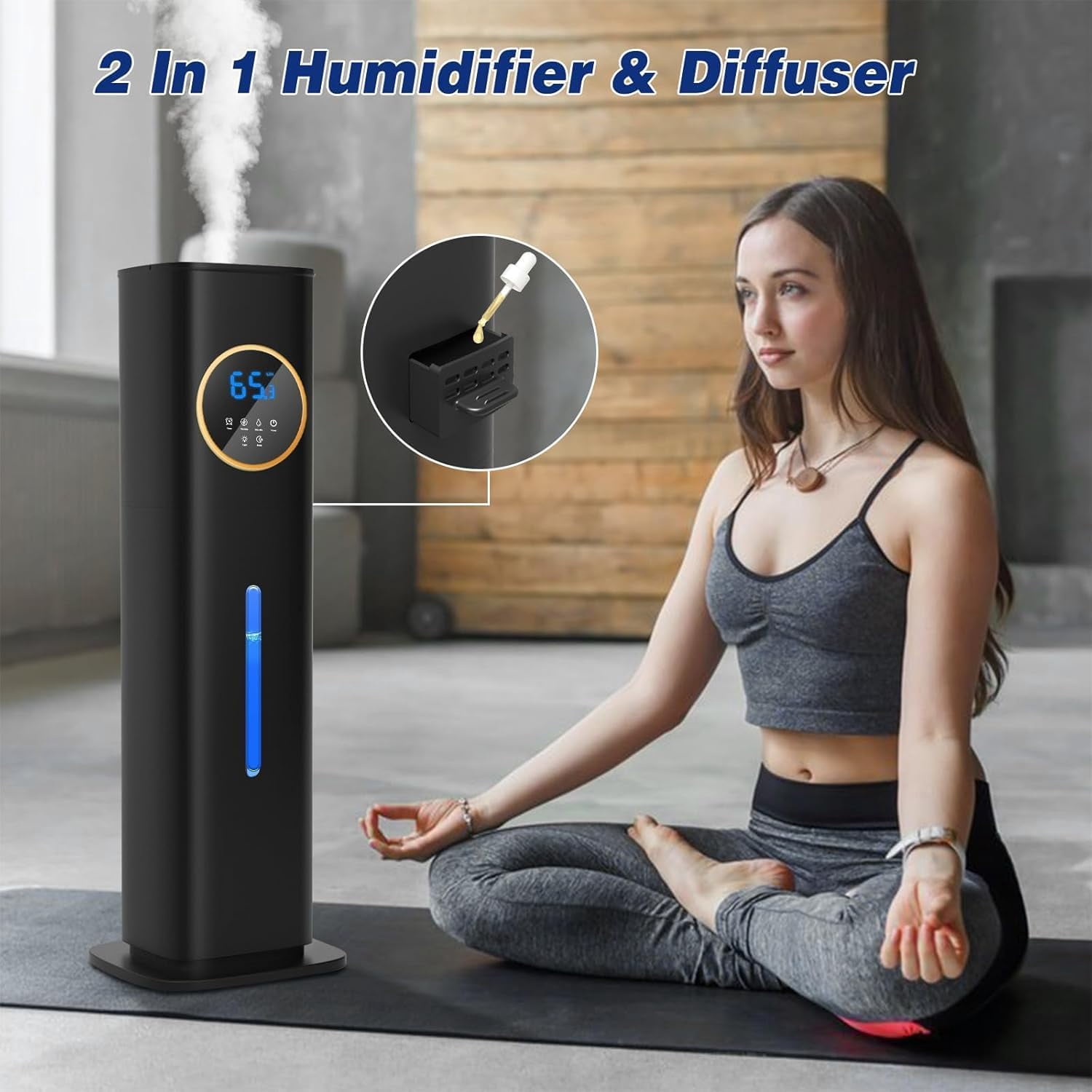 Lacidoll Cool Mist Humidifier for Large Room, Ultrasonic Air Humidifier with Essential Oil Diffuser and Digital Display (Black, 2.1 gal) 3vn38