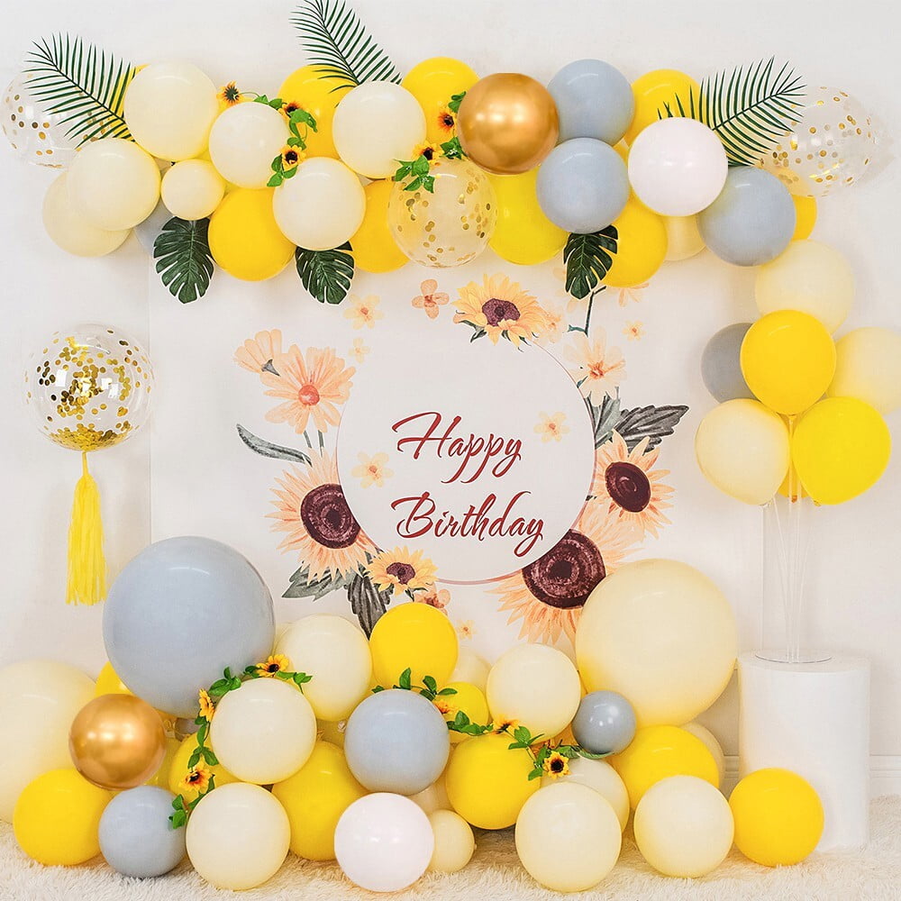 MMTX Sunflower Balloon Arch Garland Kit, Pastel Yellow Grey White and Gold Party Decorations with Artificial Vine (100 Pieces) 0tsha