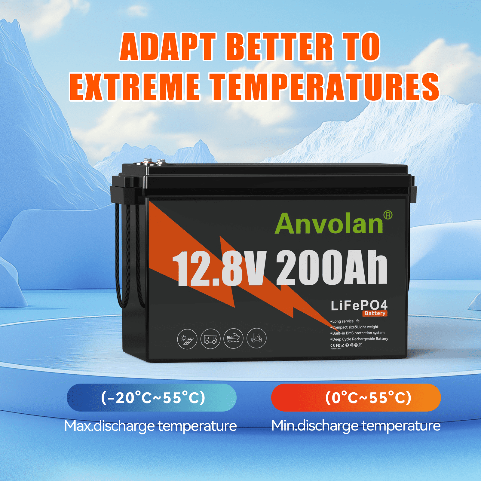 Anvolan 12V 200Ah LiFePO4 Deep Cycle Rechargeable Lithium Iron Phosphate Battery (200Ah) 0jqil