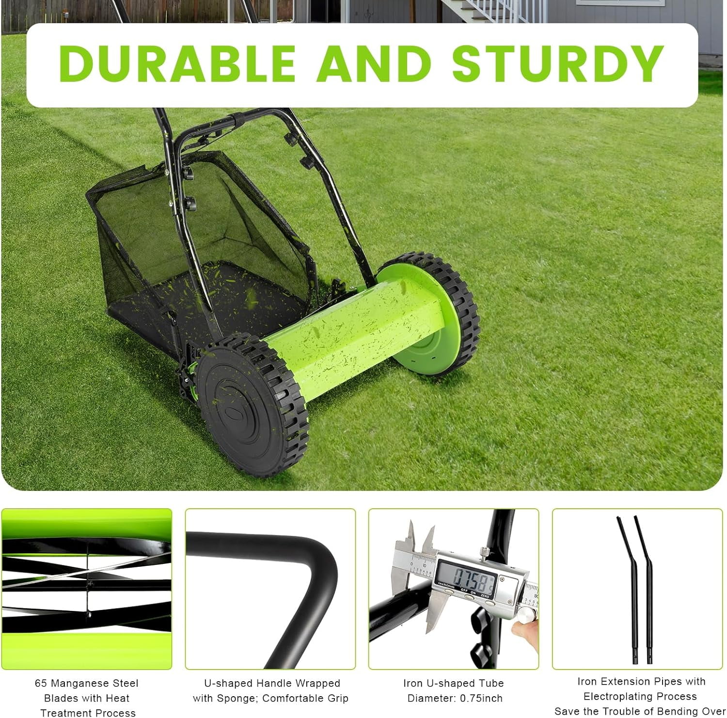 Generic Manual Lawn Mower Push Reel Grass Cutter with Adjustable Height and Collection Bag (Green, 12 in) lfryg