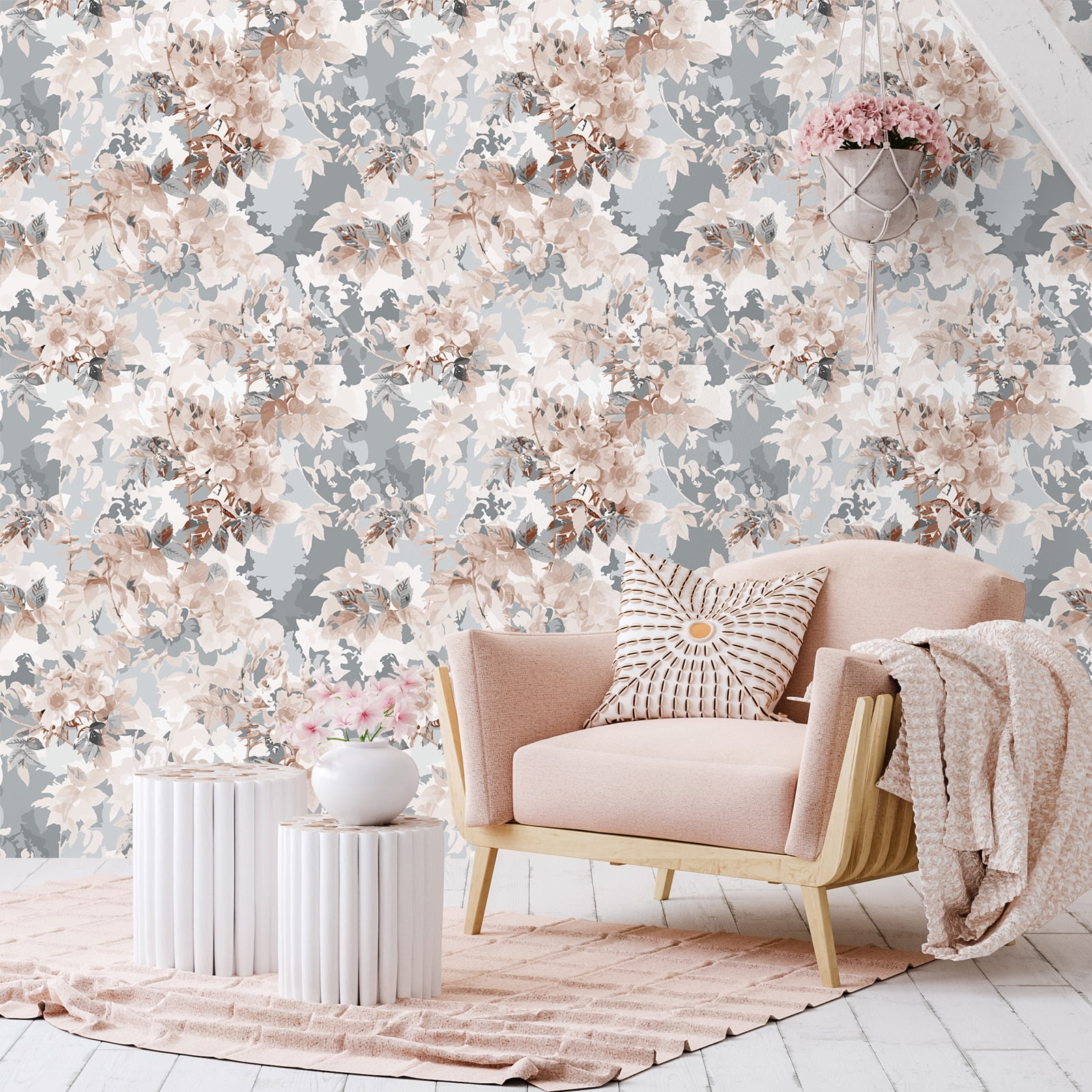 VEELIKE Floral Peel and Stick Wallpaper Watercolor Flower Contact Paper for Bedroom and Nursery (Grey Pink, 17.7 in x 118 in) znykk