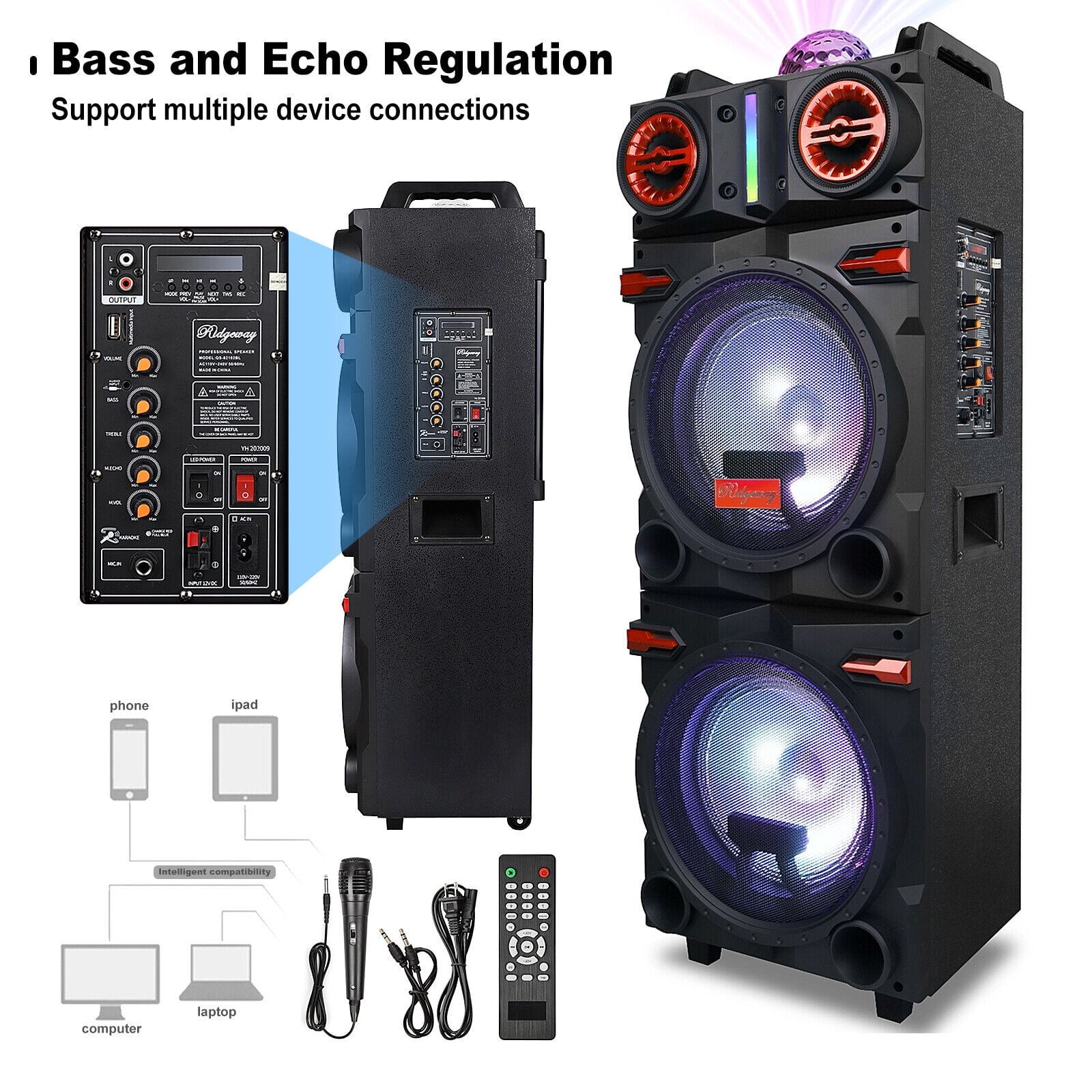 CURUK Dual 10 in Bluetooth Party PA Speaker System with LED Lights, Karaoke Mic, and Remote (Black) dcvev