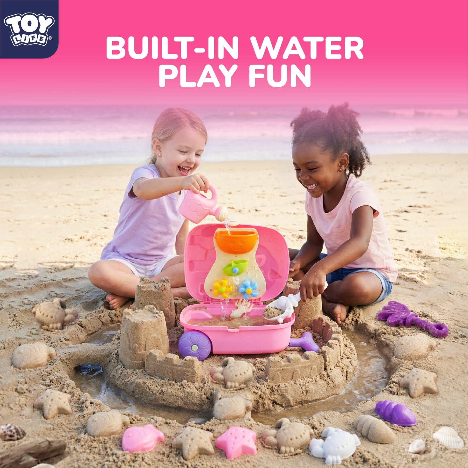 Toy Life Rolling Unicorn Sand Toy Set with Water Play Luggage (Pink, 8-Piece Set) z5nhs