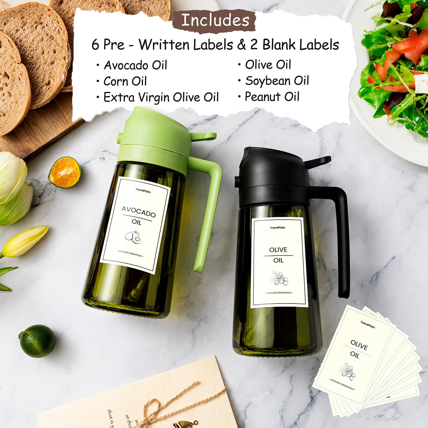 TrendPlain Olive Oil Sprayer and Dispenser for Cooking, 2-in-1 Kitchen Oil Mister with Labels (Black, 16 oz) m6qmh