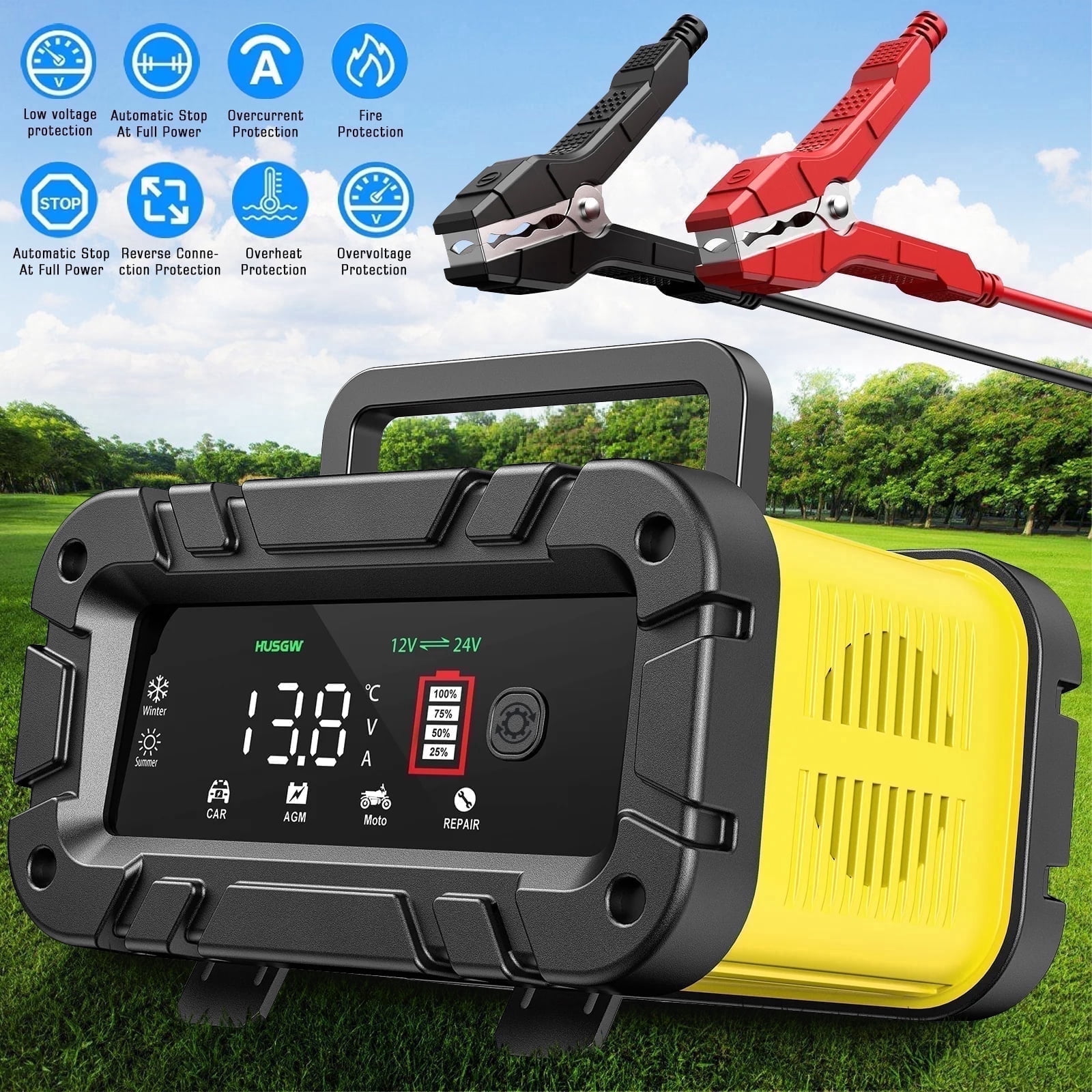 HUSGW Smart Car Battery Charger, Fully-Automatic 12V 20A and 24V 10A Dual Voltage Power Supply for Lead-Acid and LiFePO4 Batteries (Yellow) 09uza