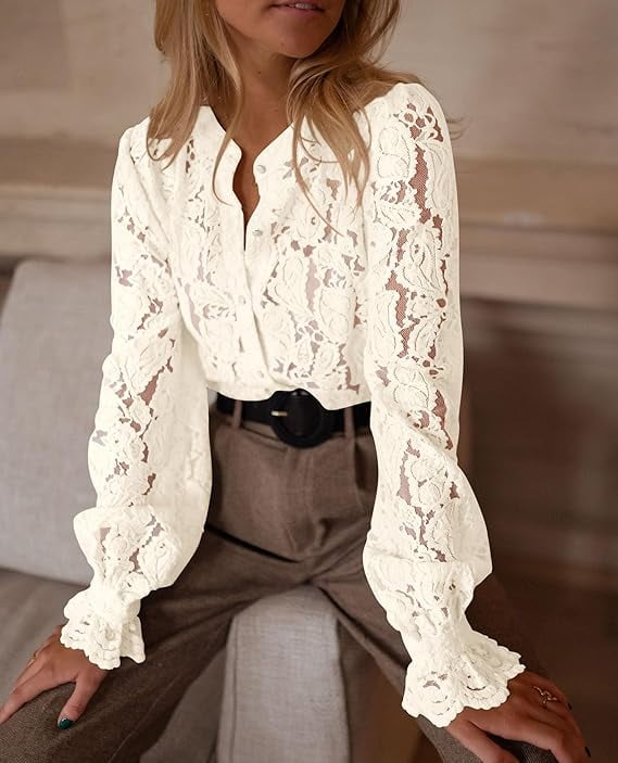PRETTYGARDEN Women's Lace Blouse Long Sleeve Button Up Shirt Dressy Casual Top (Beige, L) ms9uy