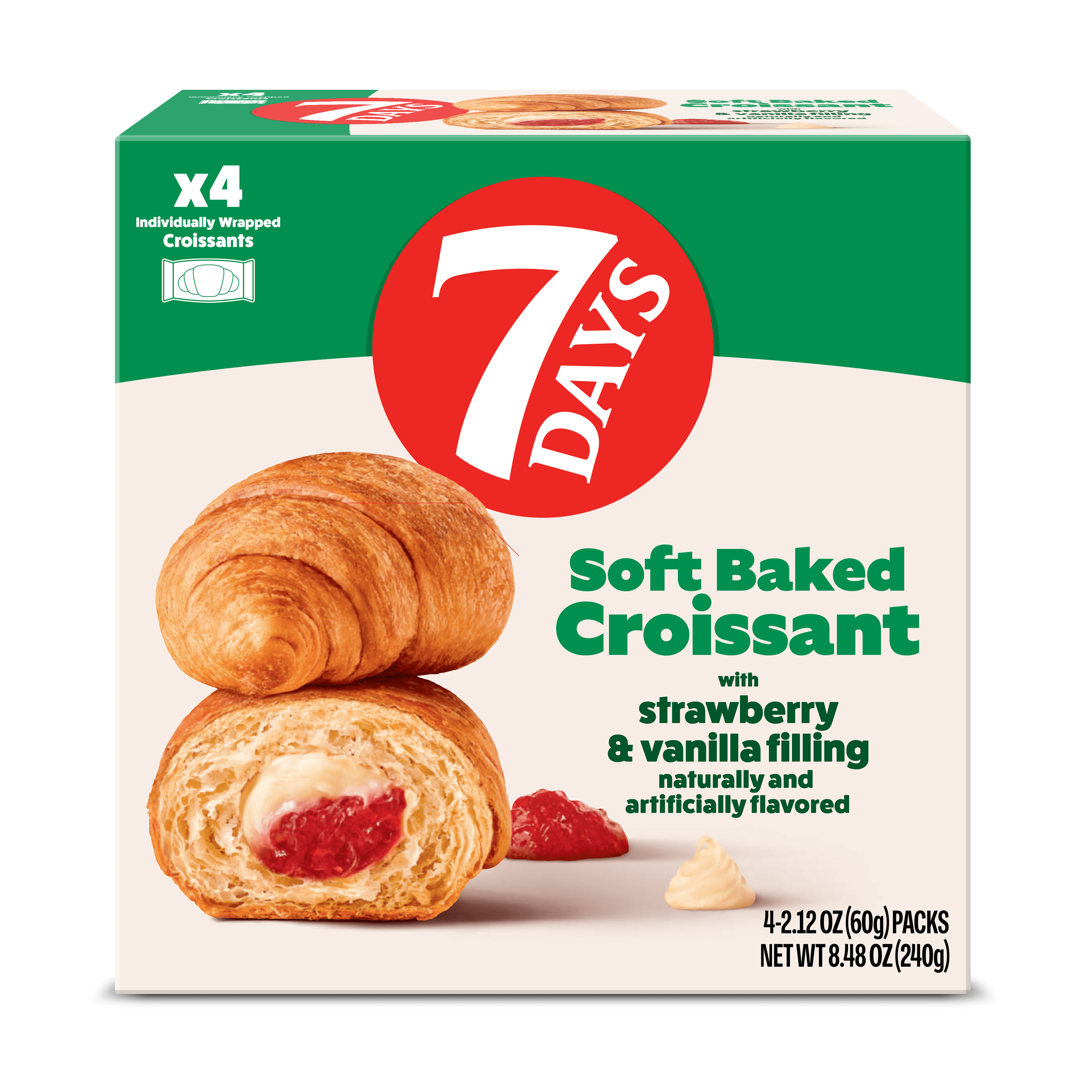 7DAYS Soft Croissant, Strawberry Vanilla Flavor, Ready-to-Eat Breakfast Pastry (4 Pack, 8.48 oz Total) 50sch