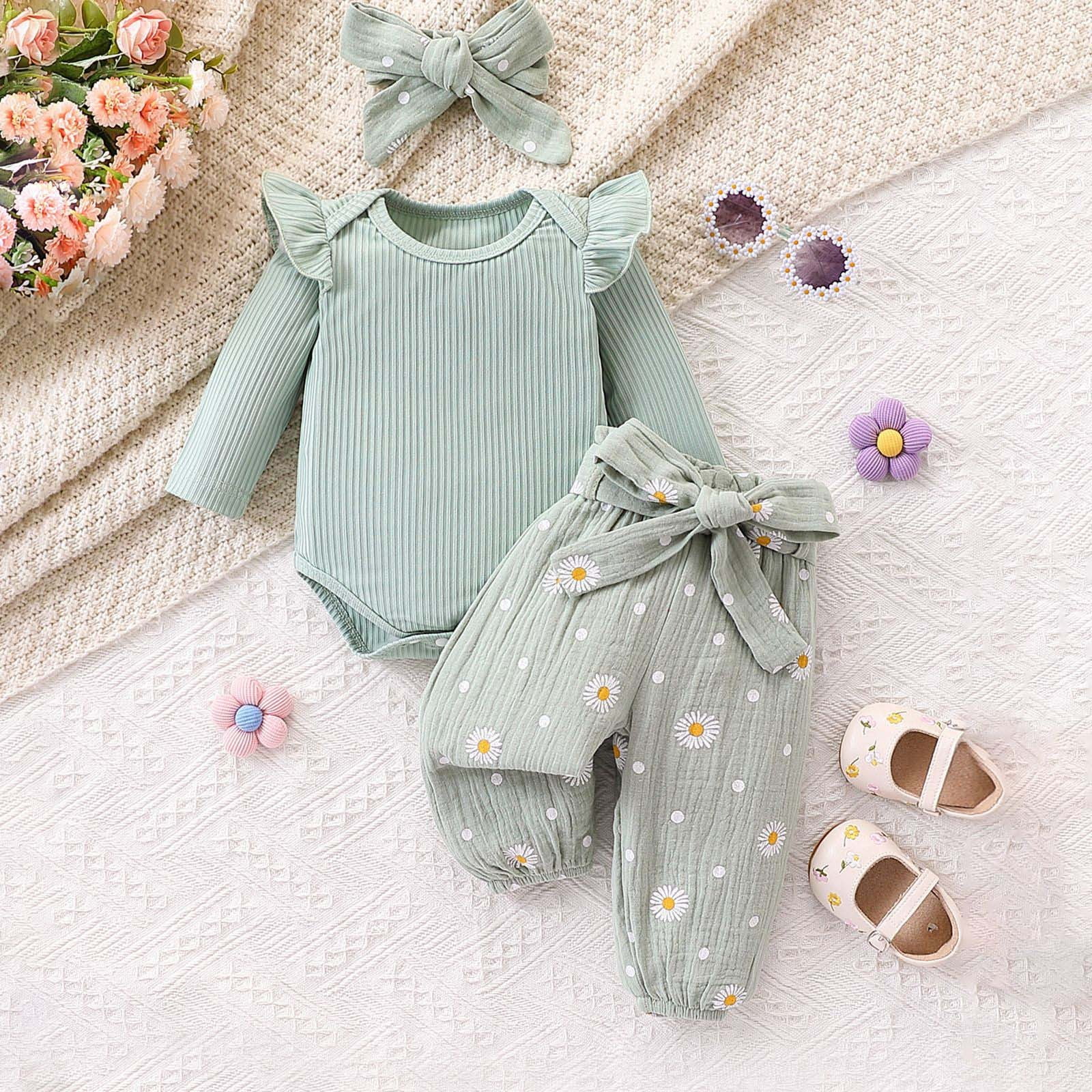 Erwazi Newborn Infant Girl Outfit Set Rib Knit Romper Daisy Print Pants and Headband (Green, 0-3 Months) coz9n