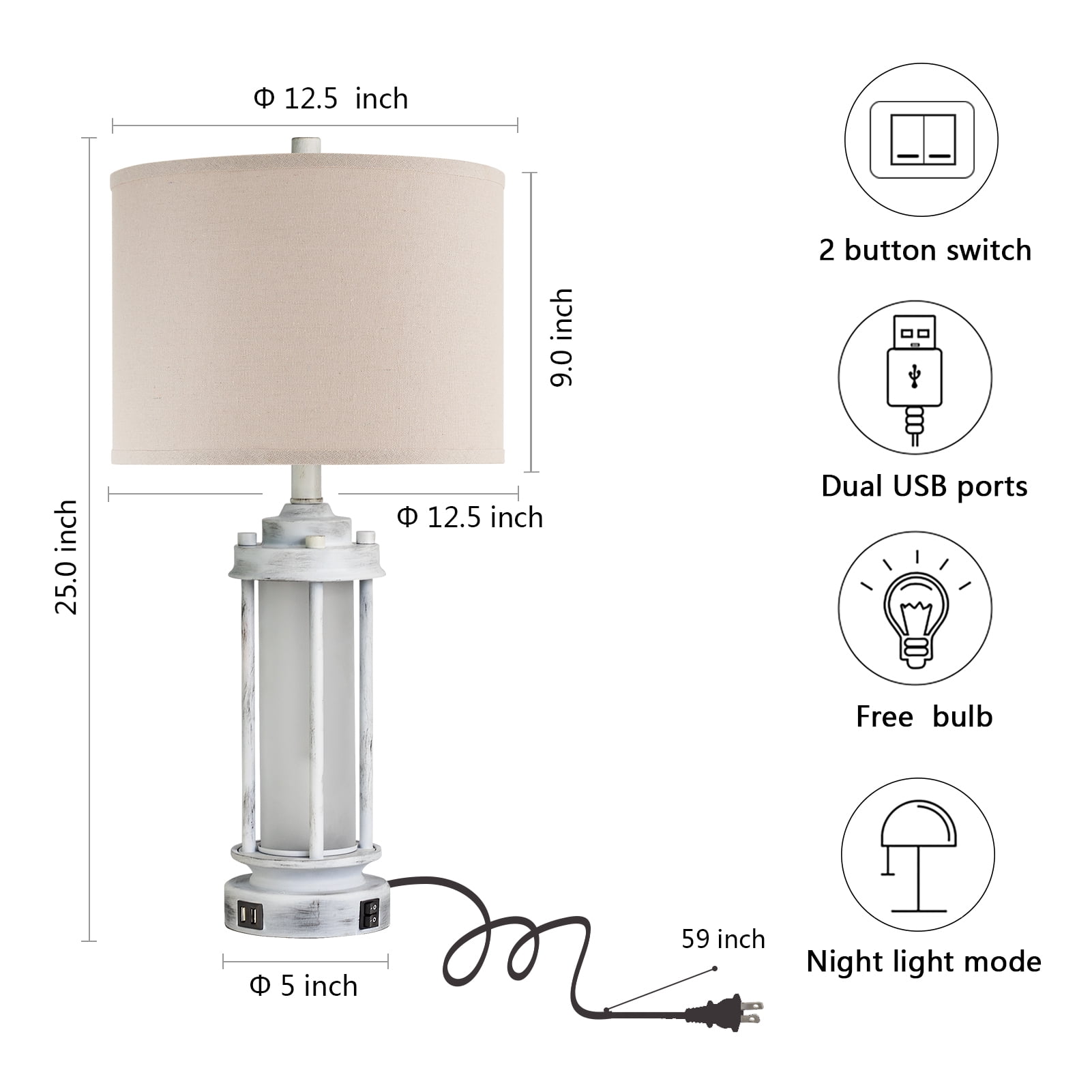 JUJUYUYOP Modern Farmhouse Table Lamps with USB Charging Ports and Night Light (White, Set of 2, 25 in) a3avo