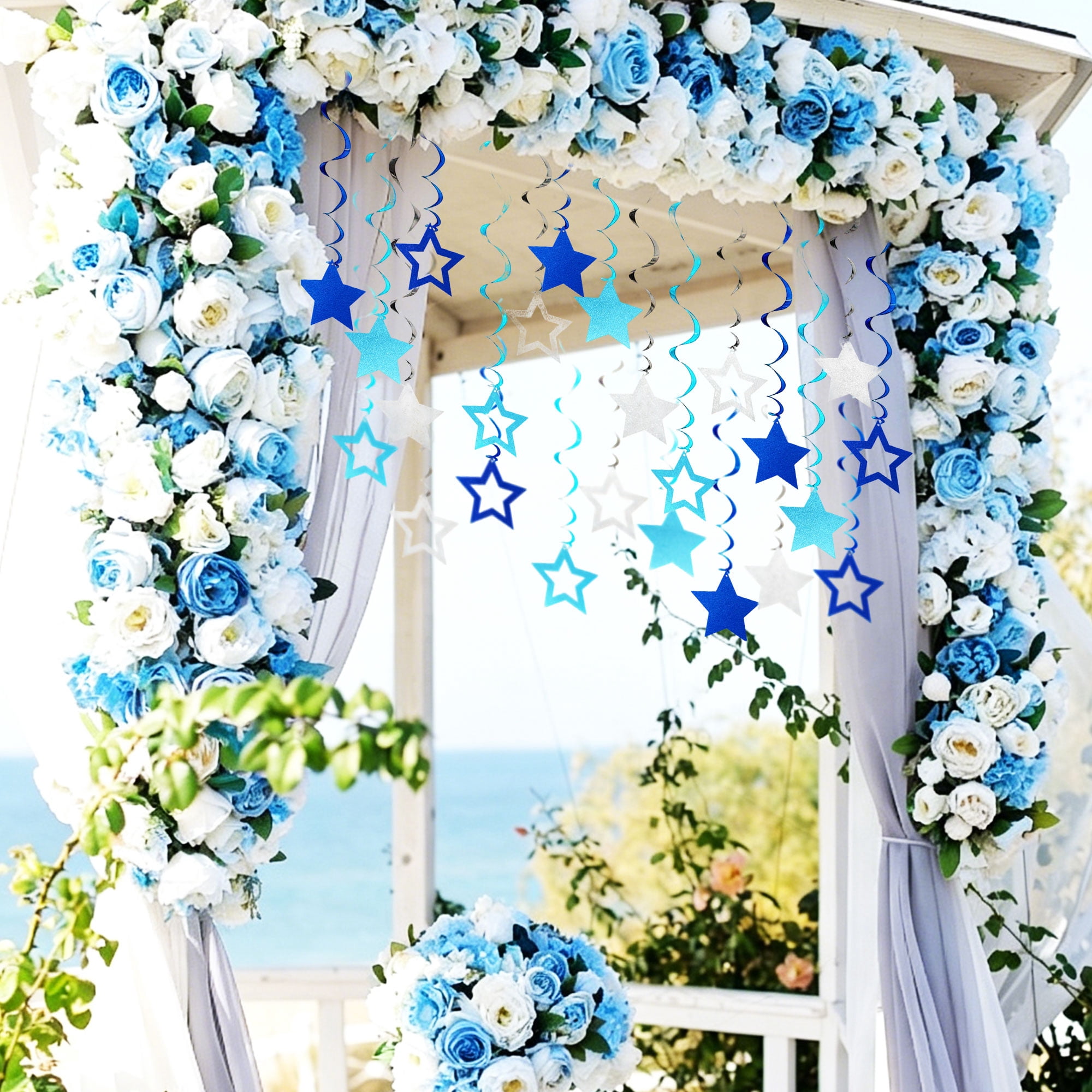 Tripumer Star Swirl Hanging Decorations Party Streamers for Birthdays and Weddings (Silver Blue, 24 Pack) g3ppe