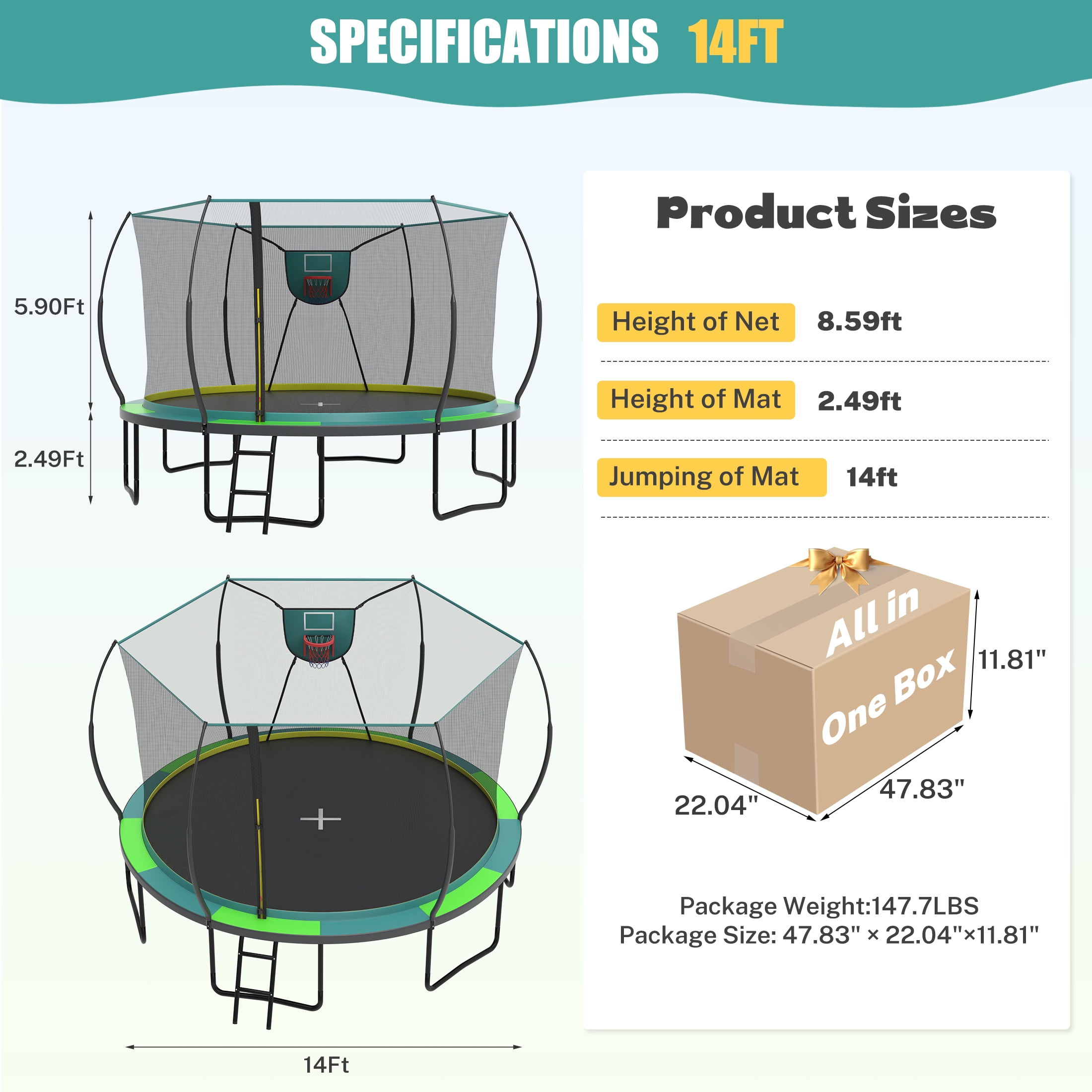Segmart 14 Ft Outdoor Recreational Trampoline with Enclosure Net and Safety Zipper System (Green, 880 lb) 32bmh