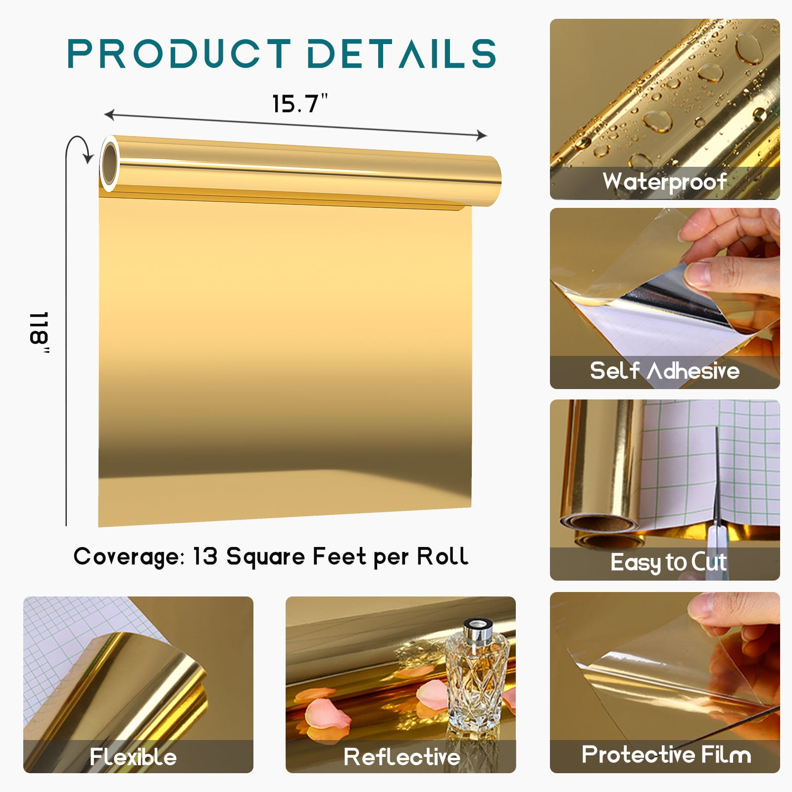 VEELIKE Glossy Metallic Gold Mirror Adhesive Vinyl Roll, Peel and Stick Chrome Wallpaper for Furniture and Crafts (15.7 in x 118 in) qm6z7