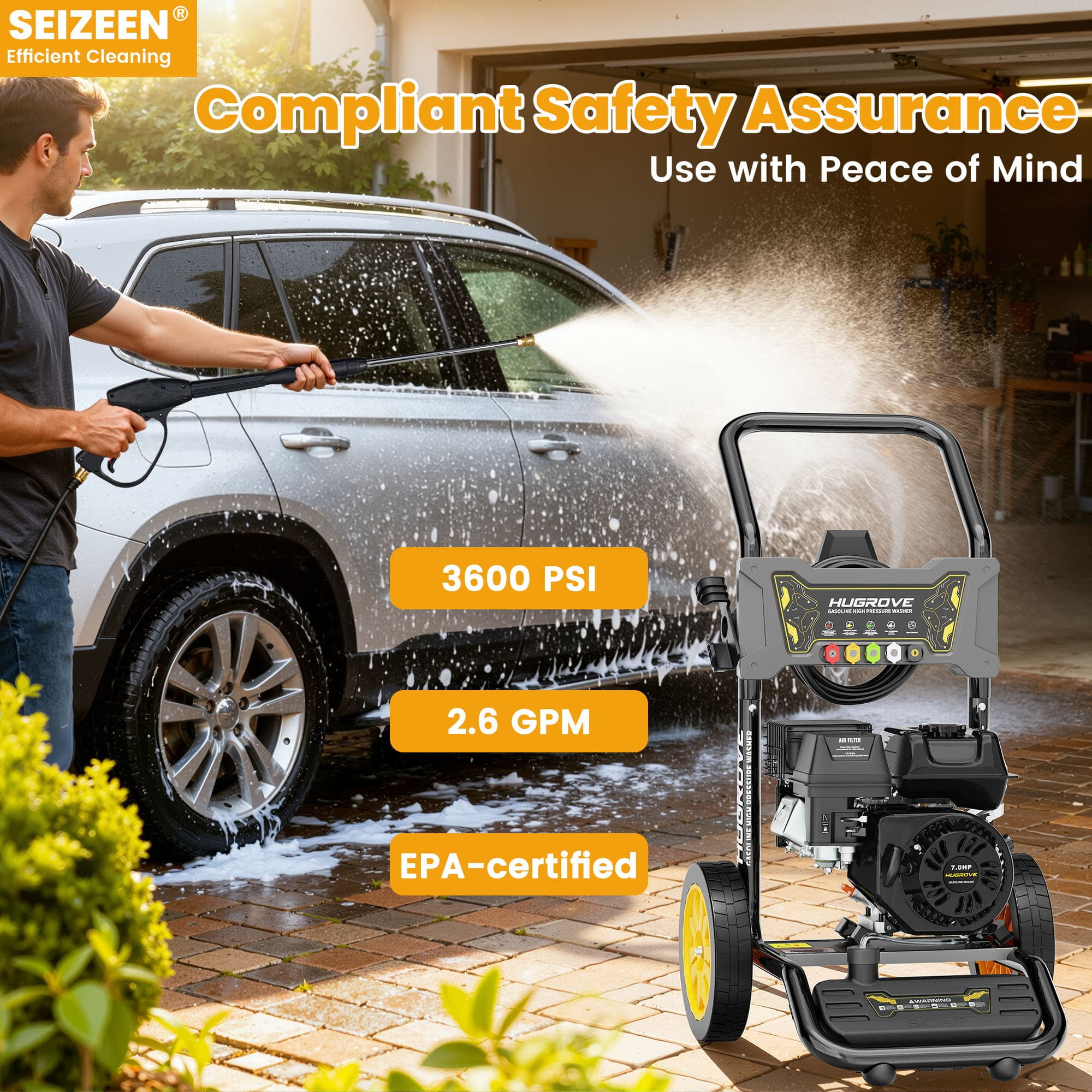 Seizeen 3600 PSI Gas Pressure Washer with 4 Quick-Connect Nozzles and 28 ft High-Pressure Hose (Red & Black) dg5uo
