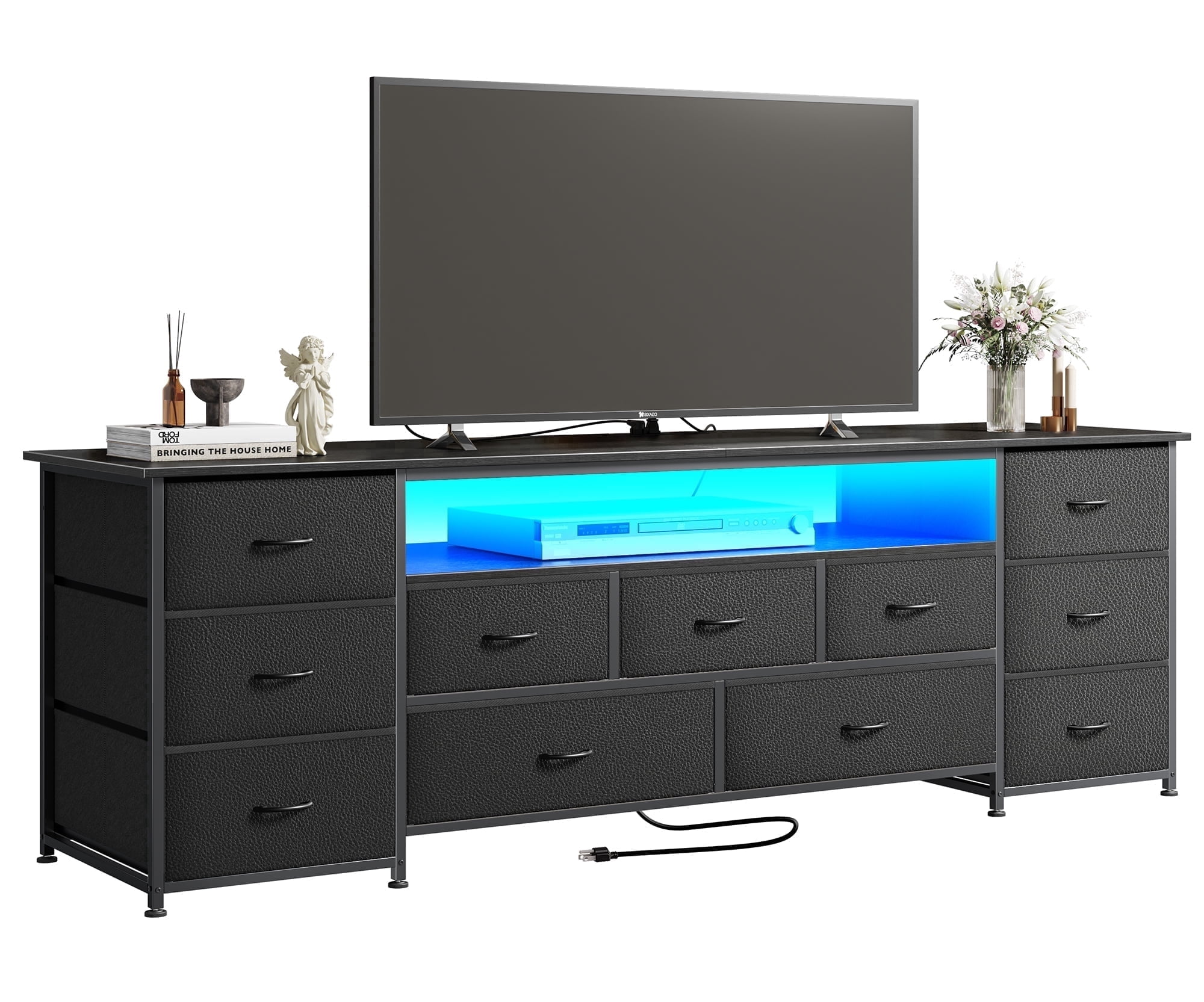 Amadwell Large TV Stand for 75 to 80 Inch TVs, Entertainment Center with 11 Drawers, LED Lights, and Power Outlets (Black, 70.9 in) dlmgi