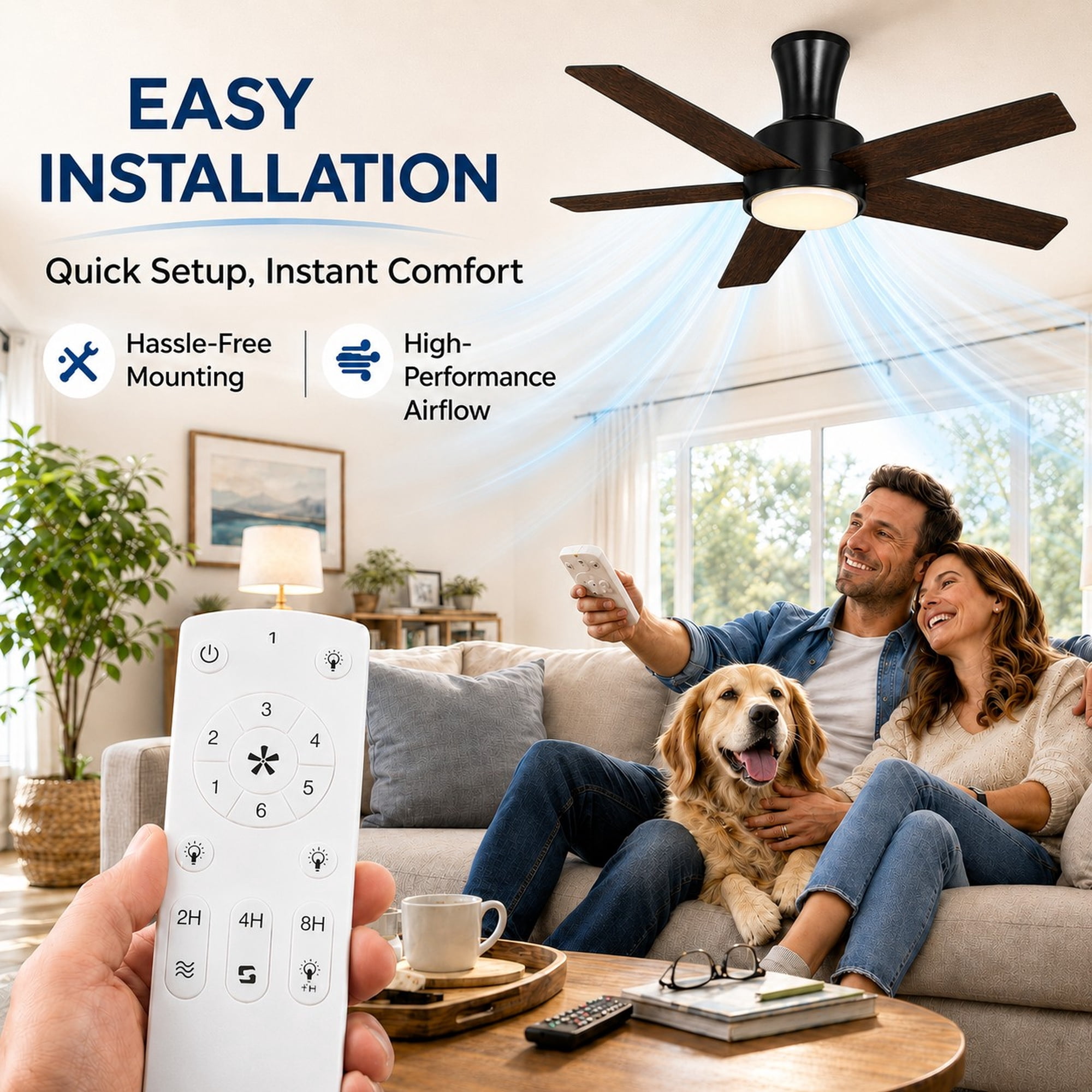 Mainstays 52-Inch Low-Profile DC Ceiling Fan with Integrated LED Light and Remote Control (Black, 52 in) 5s4jt