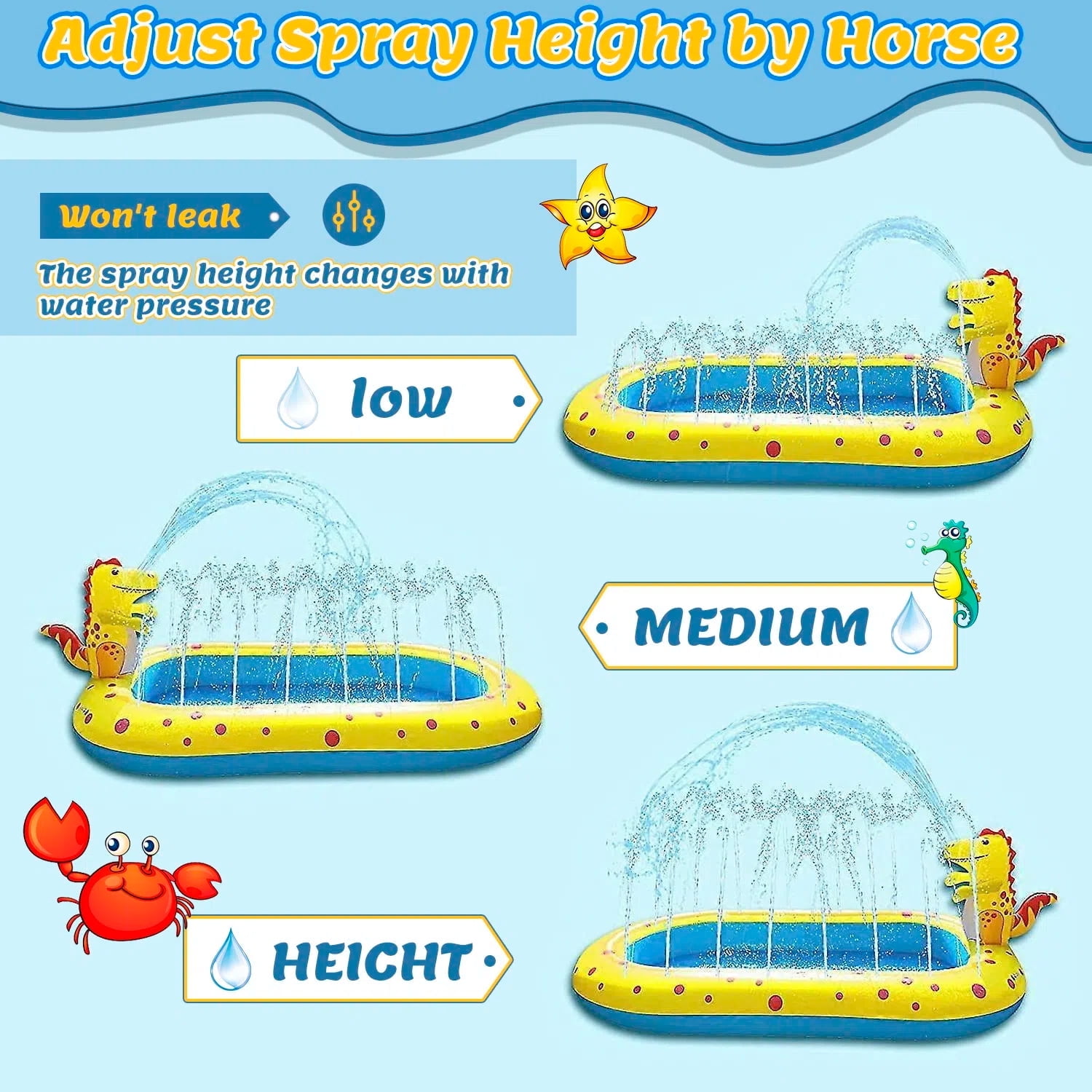 Teblint Inflatable Dinosaur Sprinkler Pool for Kids, Outdoor Water Play Center with Spray Features (Blue-Yellow, 67 in x 41 in x 26 in) ya4c7