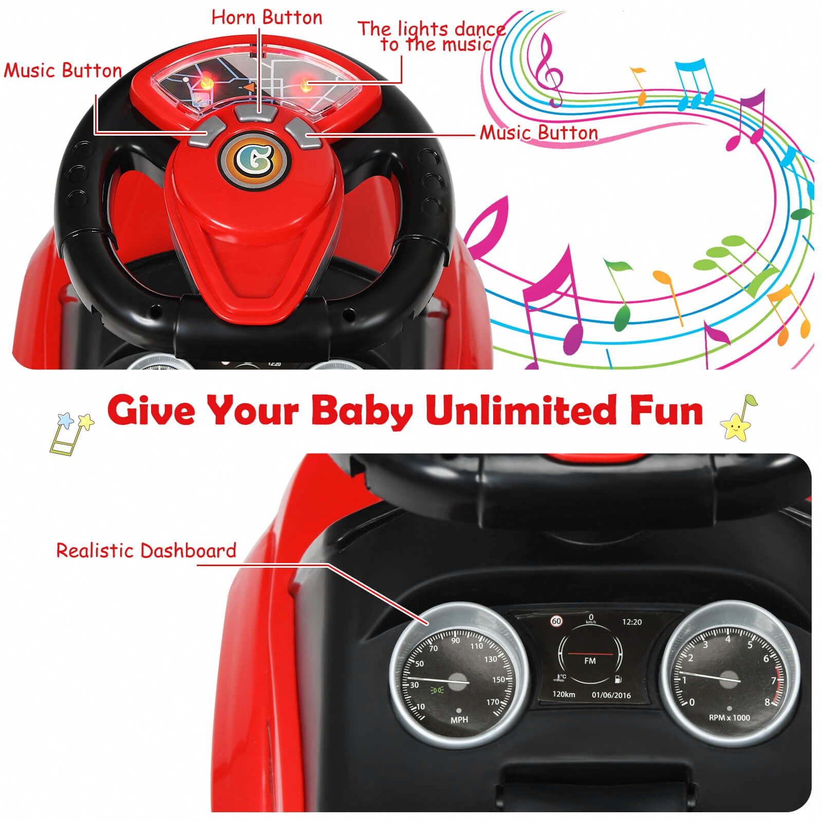 INFANS 3-in-1 Ride-On Push Car Toddler Stroller with Music and Storage (Red) yswuz